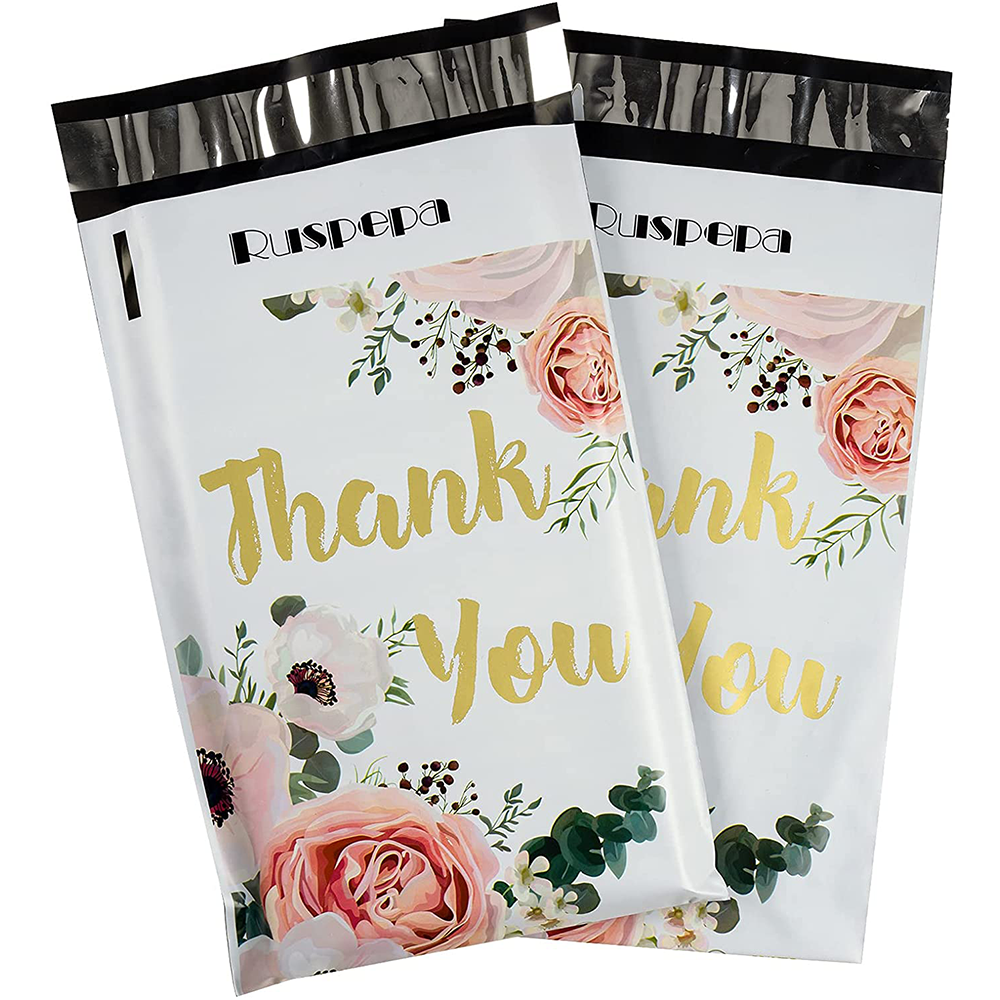 WRAPLA 15 x 23cm Poly Mailers Shipping Bags Thank You Notes Flowers Surrounded White Poly Mailers 2.3 Mil Heavy Duty Self Seal Mailing Envelopes - 100 Pack