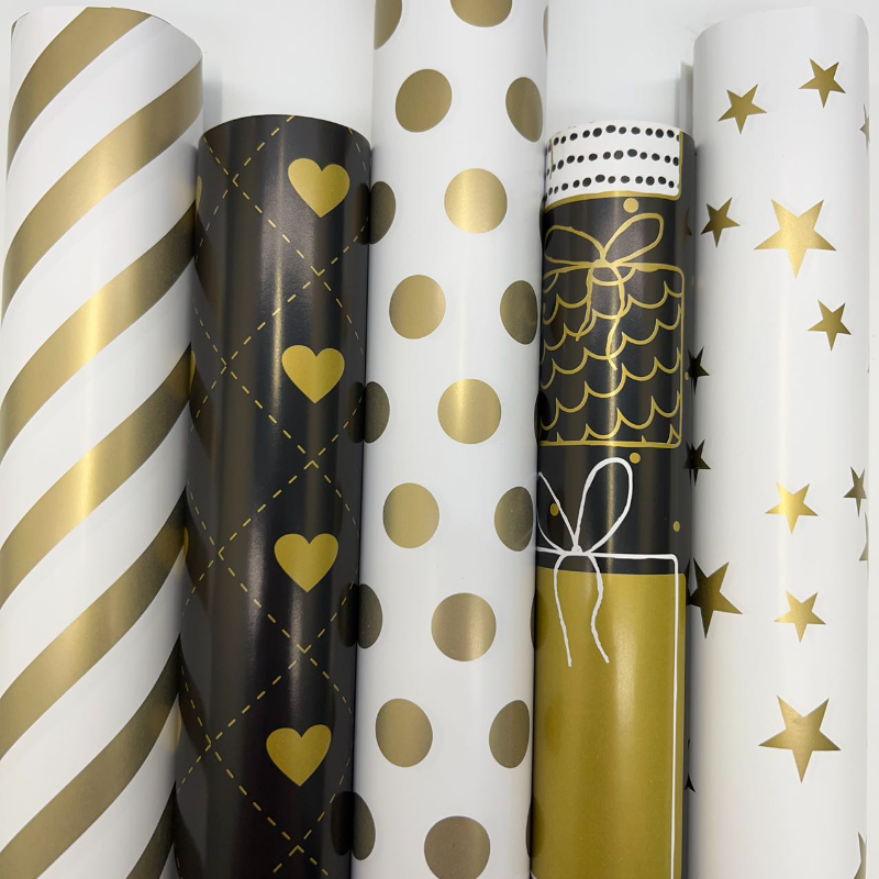 WRAPLA Wrapping Paper Roll - 5 Design Christmas Gift Wrap Paper Flat Sheet for Wedding, Birthdays, Valentines, Party - 5 Rolls-25 Sheets - 70 cm X 50cm Per Sheet