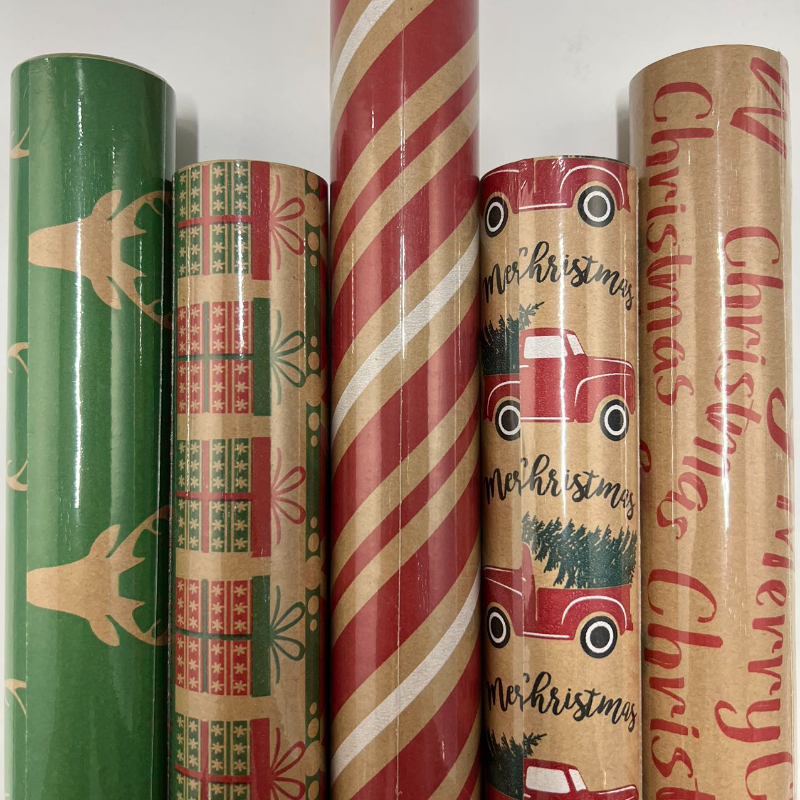 WRAPLA Christmas Wrapping paper - Kraft Paper with Red Green Car Pattern For Wedding, Birthdays, Valentines, Christmas - 5 Roll - 76 cm X 3 m Per Roll