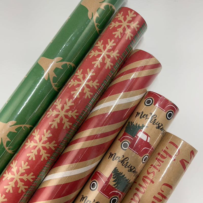 WRAPLA Christmas Wrapping paper - Kraft Paper with Red Green Car Pattern For Wedding, Birthdays, Valentines, Christmas - 5 Roll - 76 cm X 3 m Per Roll
