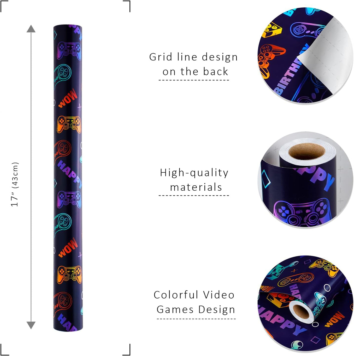 WRAPLA Colorful Wrapping Paper Roll - 17 Inches X 33 Feet (43cm X 10m) - Foil Happy Birthday and Cake Design Gift Wrap Stone Paper for Birthday, Baby Shower, Party, Holiday