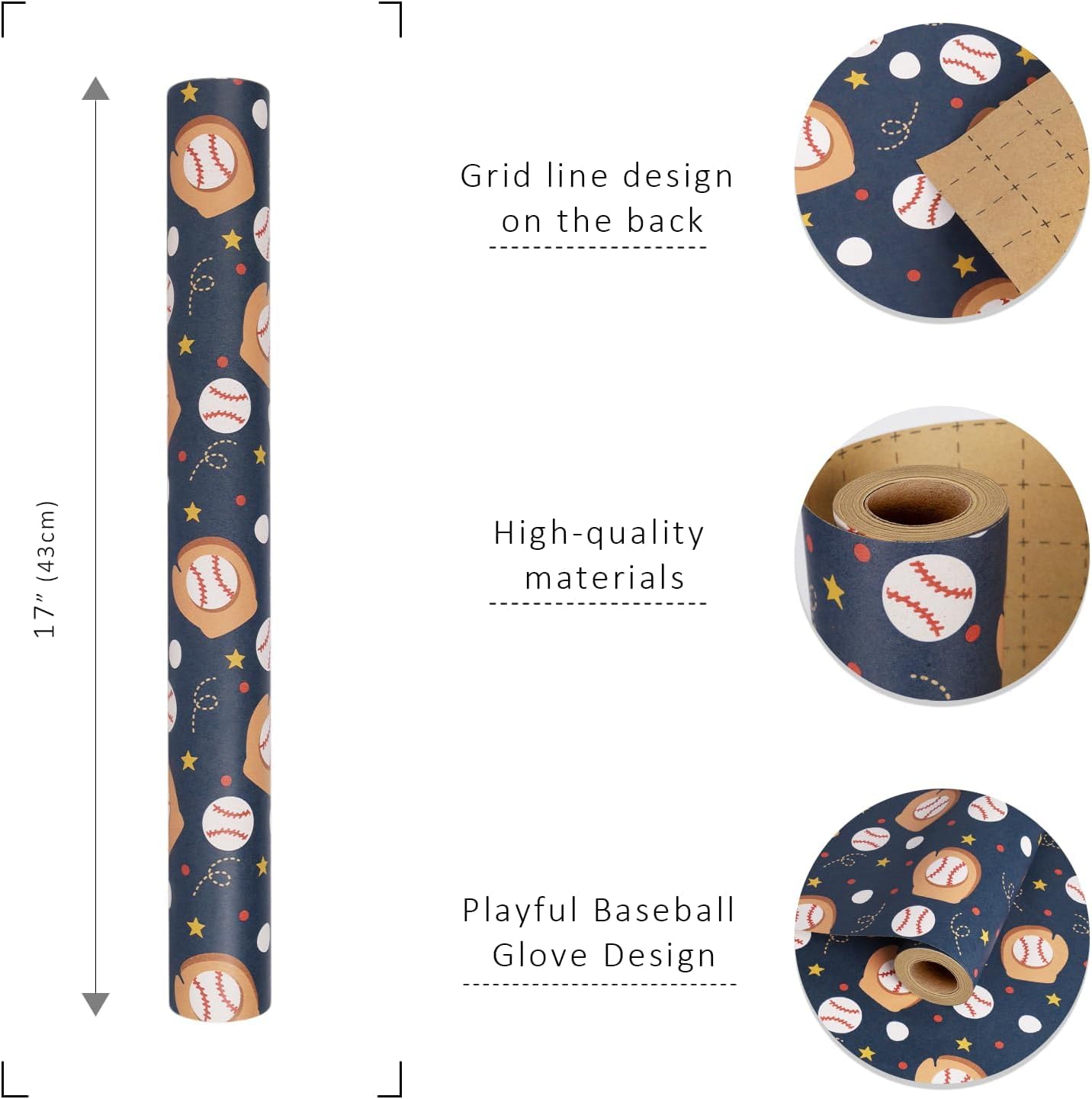 WRAPLA Baseball Kraft Wrapping Paper Baseball Glove and Ball Design
