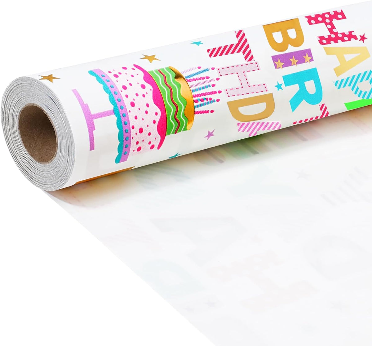 WRAPLA Colorful Wrapping Paper Roll - 17 Inches X 33 Feet (43cm X 10m) - Foil Happy Birthday and Cake Design Gift Wrap Stone Paper for Birthday, Baby Shower, Party, Holiday