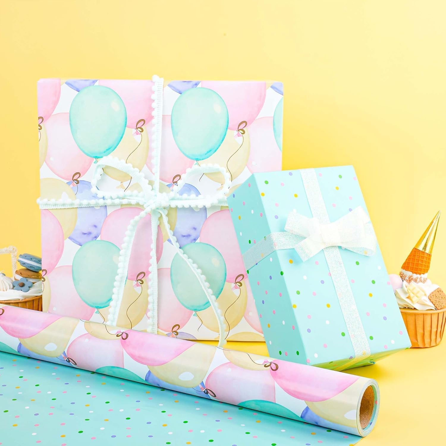 WRAPLA Bright Wrapping Paper, Balloons Dots For kid Birthday & Baby shower