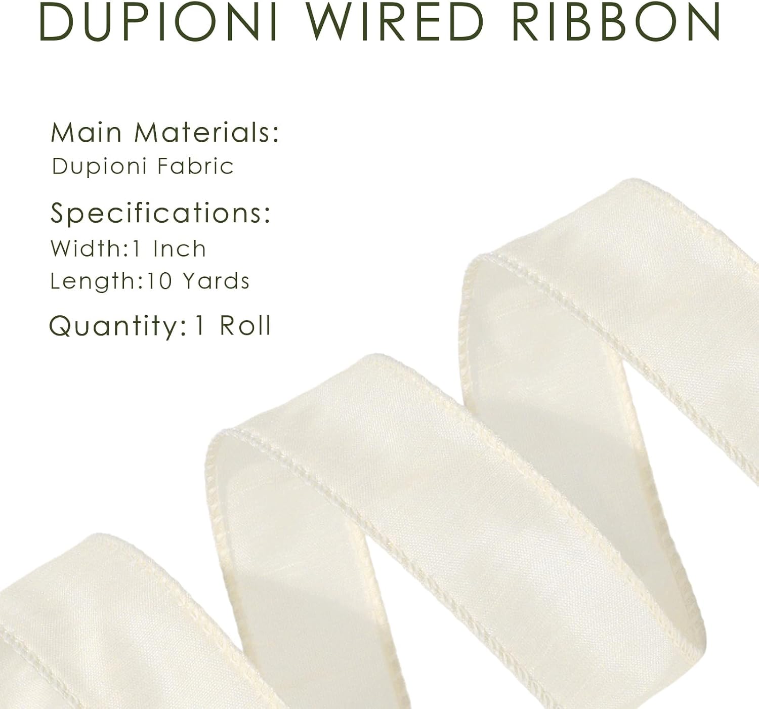 Moss Ribbon Wired 1 Inch x 10 Yards, Dupioni Christmas Decor