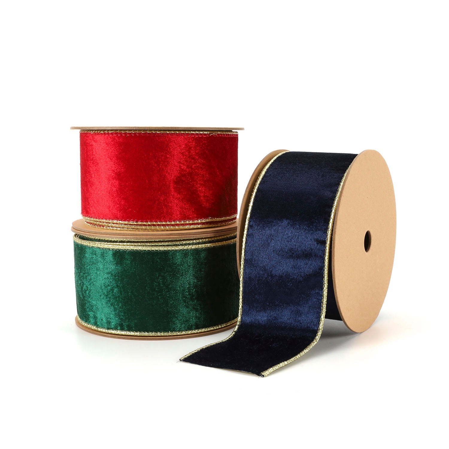2 1/2" REVERSIBLE VELVET/LUREX WIRED RIBBON | GREEN/GOLD 10 YARD ROLL 6.3X915cm