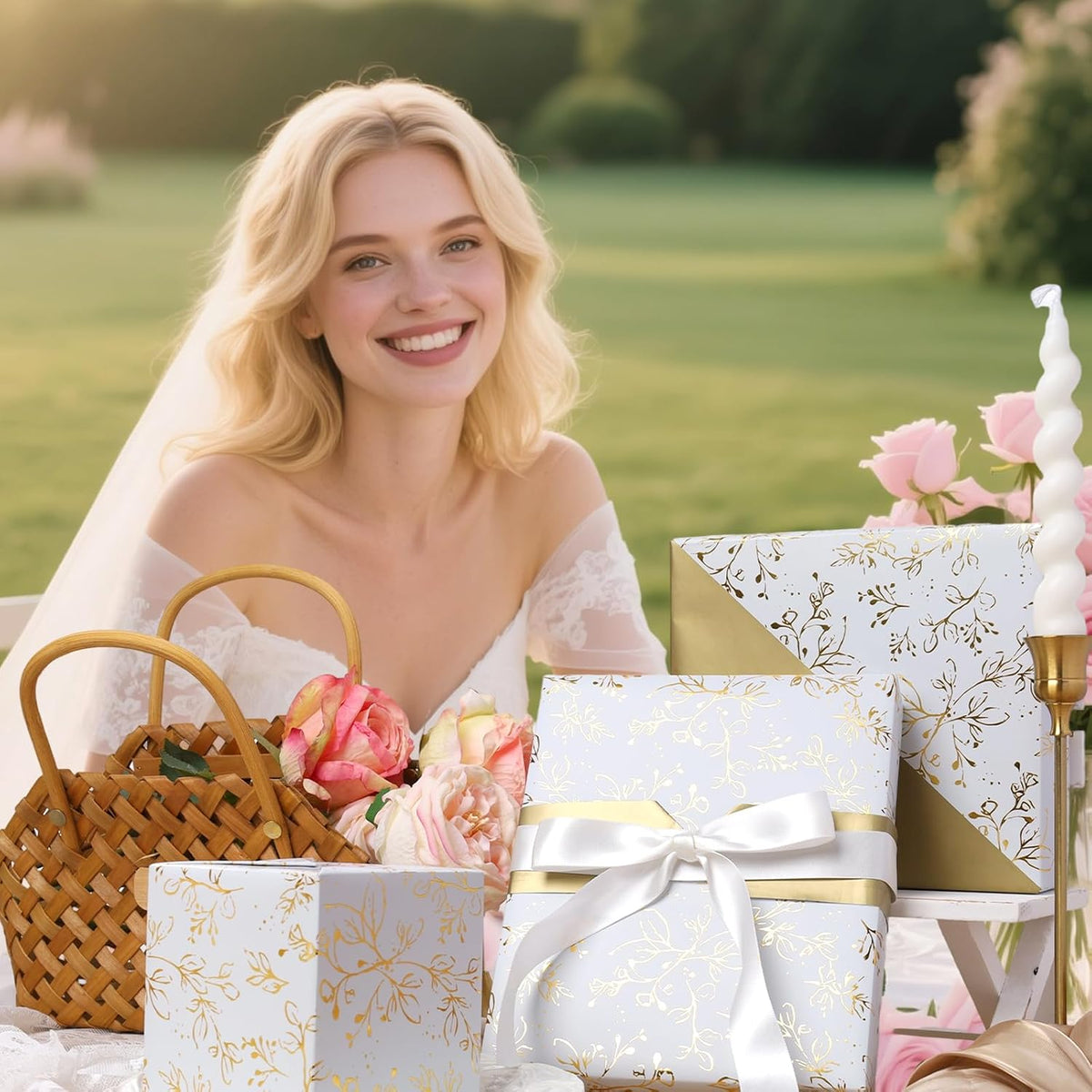 WRAPLA Luxury Wrapping Paper, White Gold Botanical Foil for Wedding Gifts