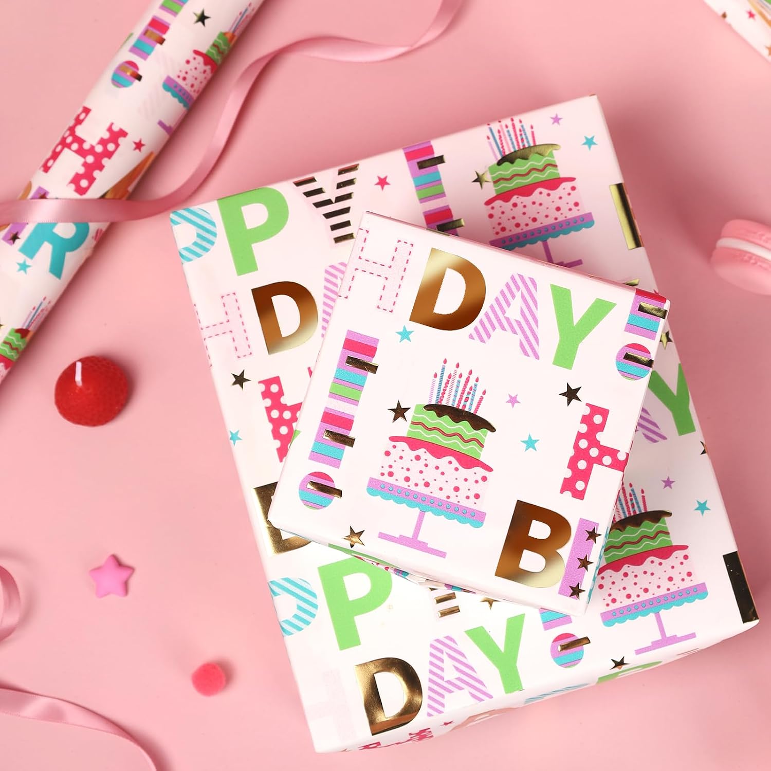 WRAPLA Colorful Wrapping Paper Roll - 17 Inches X 33 Feet (43cm X 10m) - Foil Happy Birthday and Cake Design Gift Wrap Stone Paper for Birthday, Baby Shower, Party, Holiday