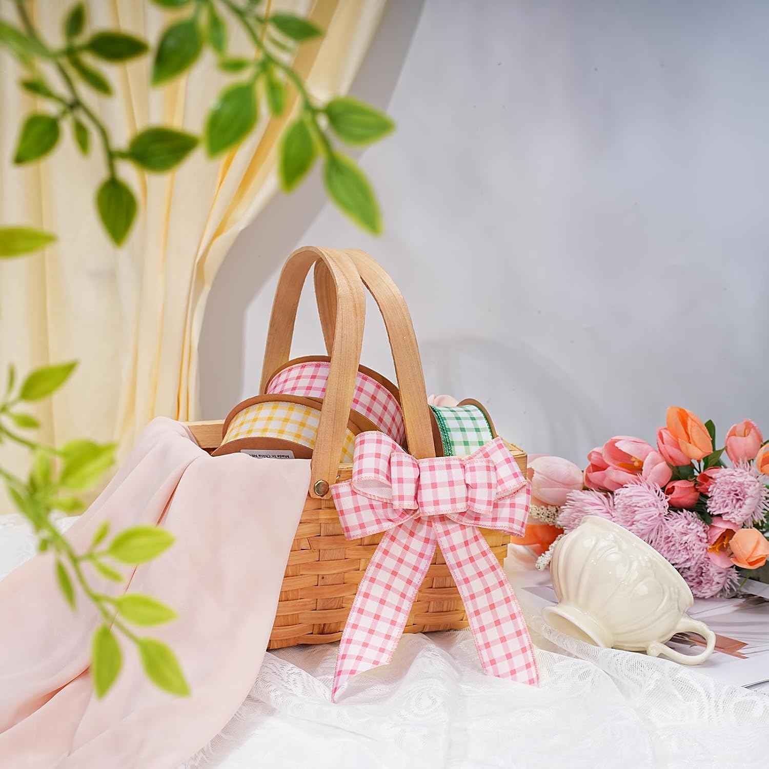 Pink Gingham Burlap Ribbon Wired 1.5 Inch x 10 Yards
