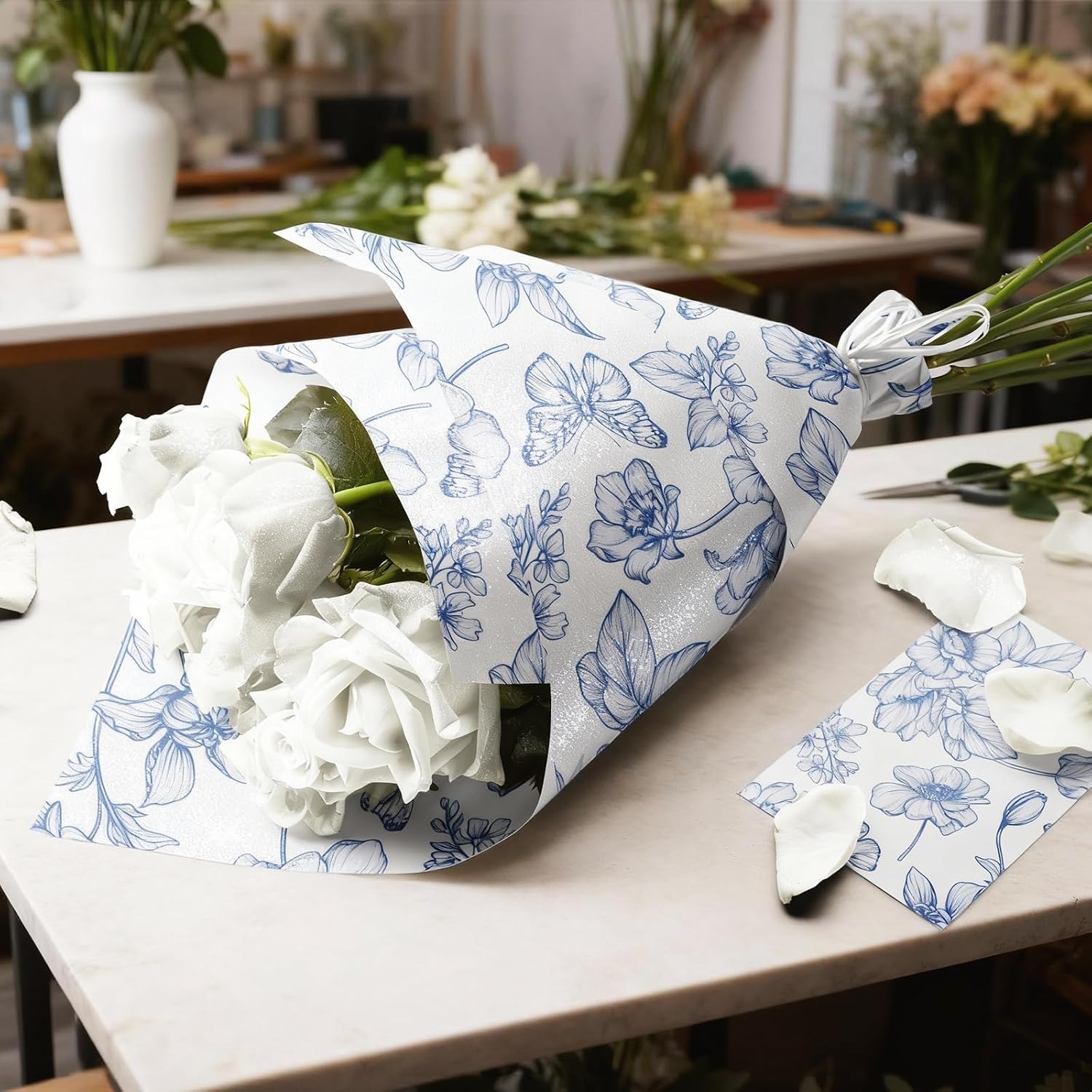 WRAPLA Reversible Wrapping Paper, Blue Floral Pearlescent Print 43cm x 10m