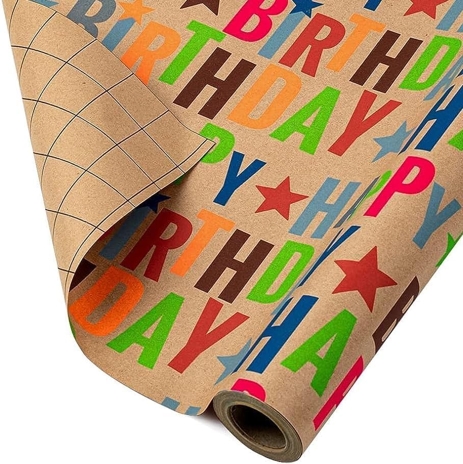 WRAPLA Kraft Birthday Wrapping Paper Colorful Balloons Design for Holiday