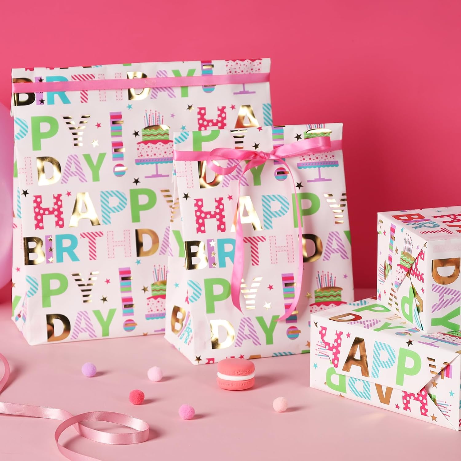 WRAPLA Colorful Wrapping Paper Roll - 17 Inches X 33 Feet (43cm X 10m) - Foil Happy Birthday and Cake Design Gift Wrap Stone Paper for Birthday, Baby Shower, Party, Holiday