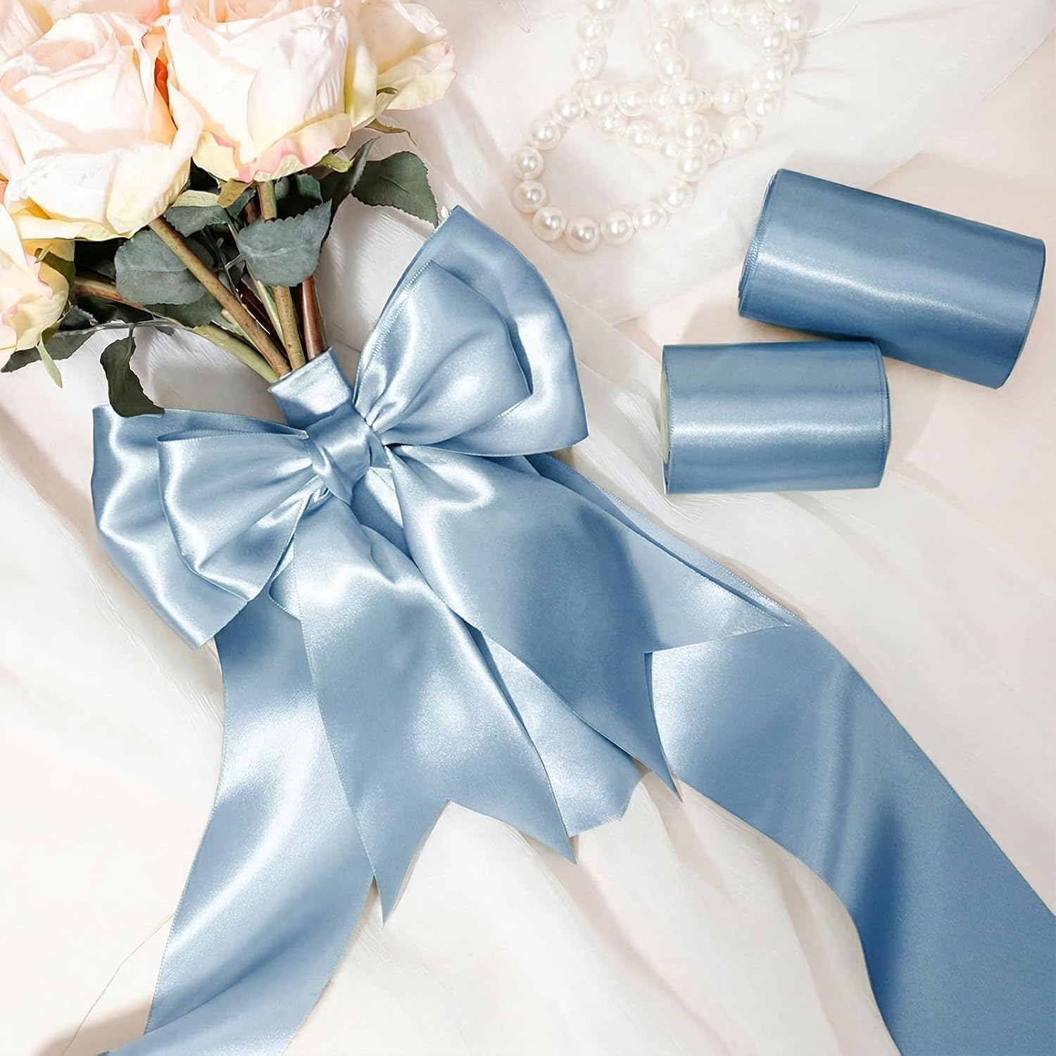 Light Blue Satin Ribbon 3 Inch 10 Yards Double Faced Luxury Baby Blue Silk Ribbon for Gift Wrapping Flower Bouquets Bow Christmas Wedding Party Decoration