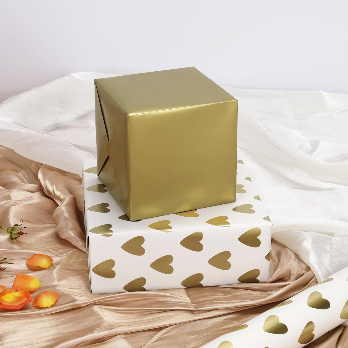 WRAPLA Luxury Wrapping Paper, White Gold Botanical Foil for Wedding Gifts