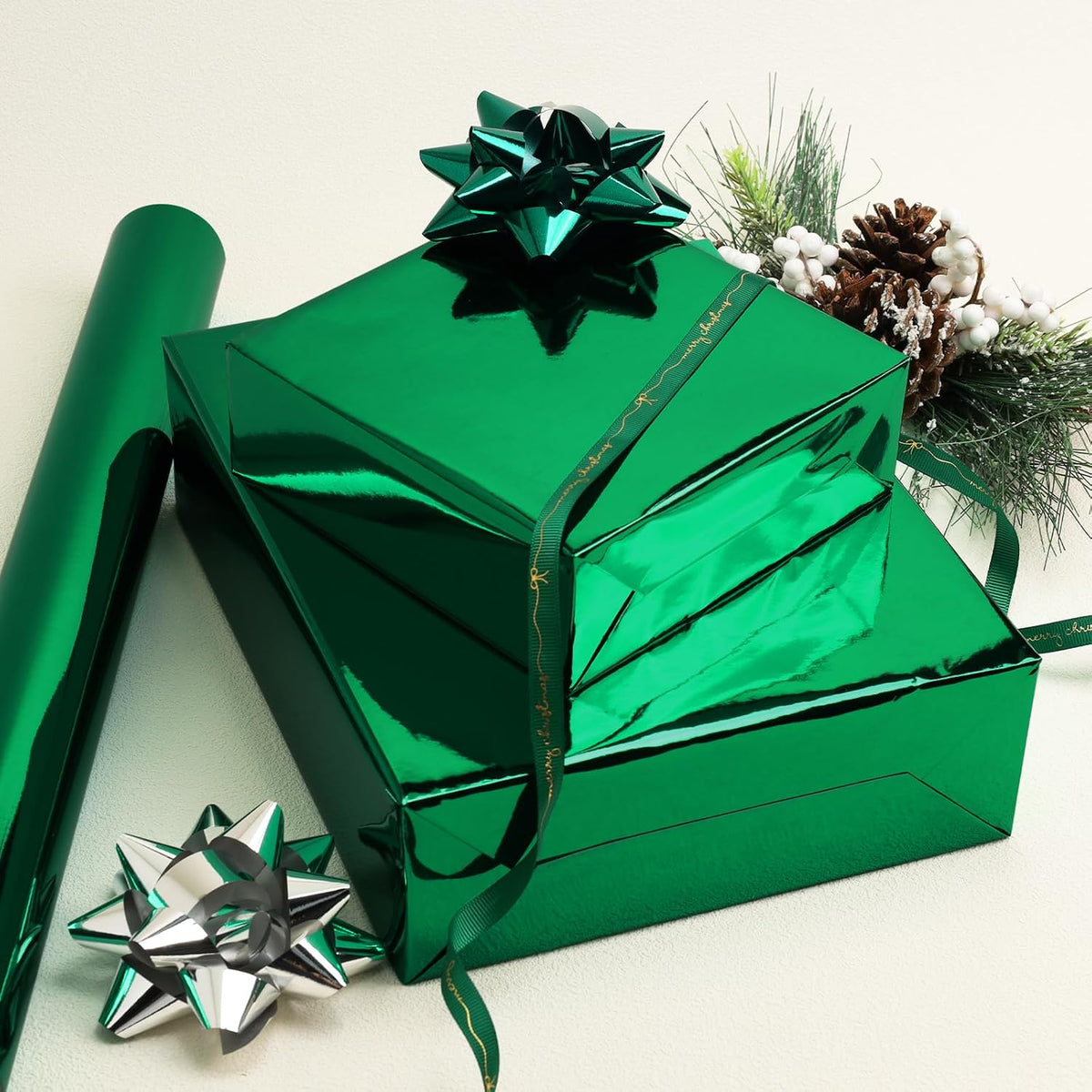 WRAPLA Green Metallic Christmas Wrapping Paper, Solid Color Roll