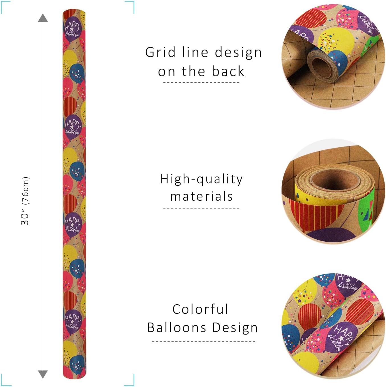 WRAPLA Kraft Birthday Wrapping Paper Colorful Balloons Design for Holiday
