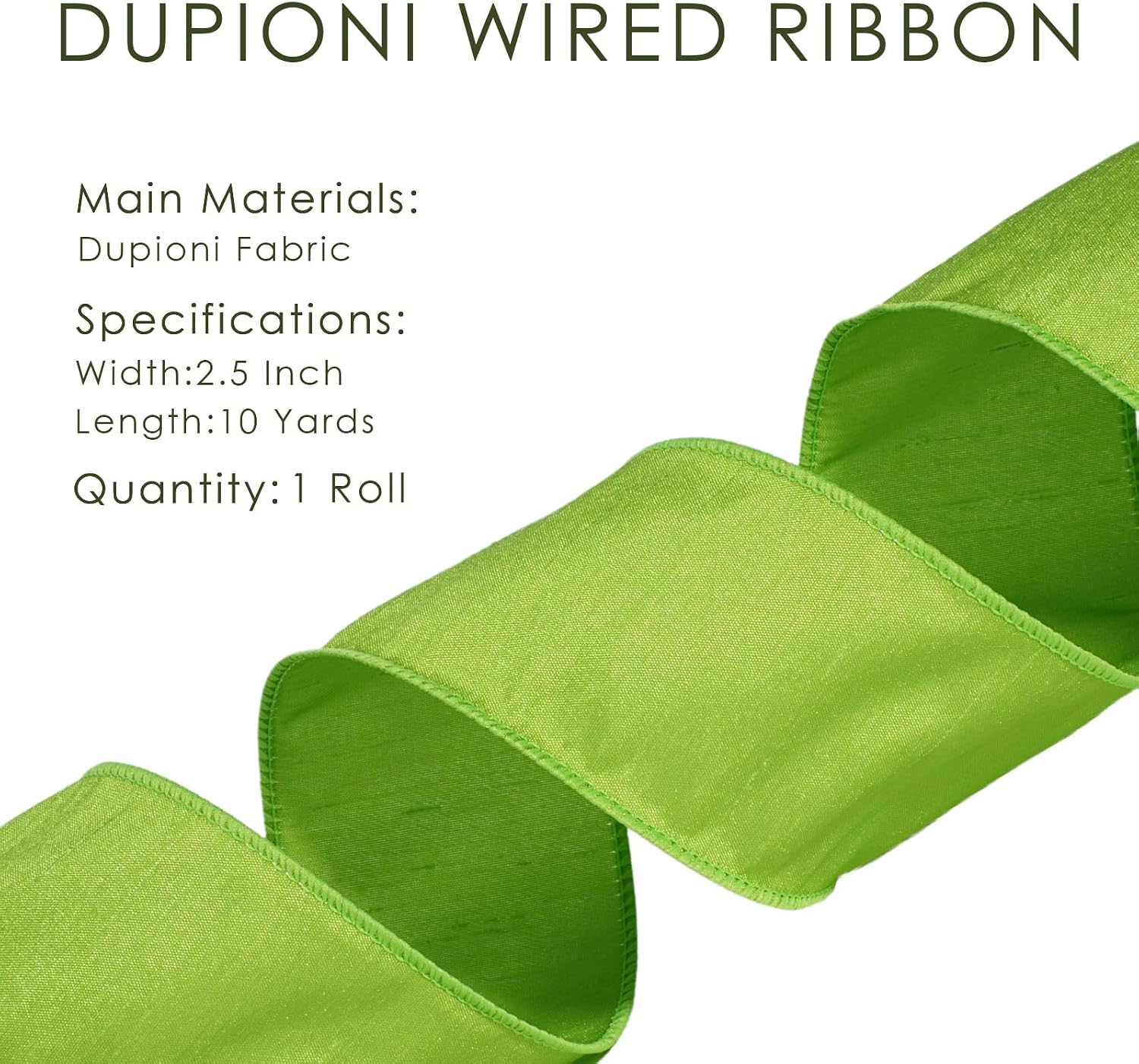 Moss Ribbon Wired 1 Inch x 10 Yards, Dupioni Christmas Decor