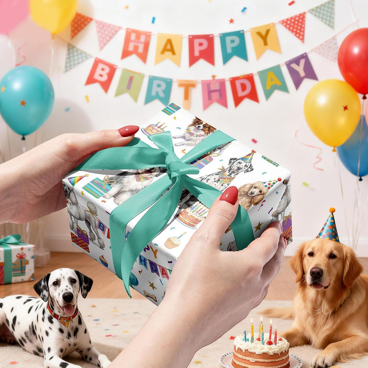WRAPLA Colorful Wrapping Paper Roll - 17 Inches X 33 Feet (43cm X 10m) - Foil Happy Birthday and Cake Design Gift Wrap Stone Paper for Birthday, Baby Shower, Party, Holiday