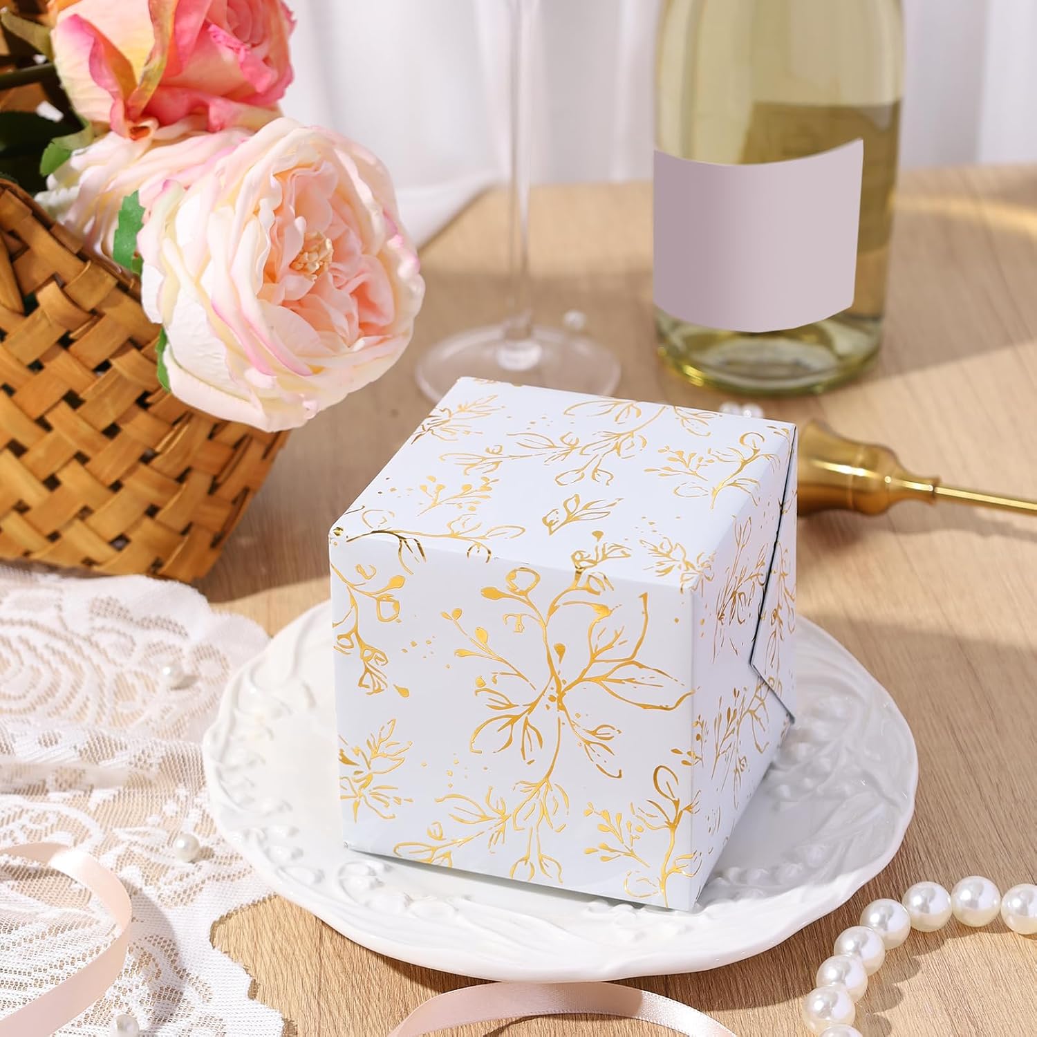 WRAPLA Luxury Wrapping Paper, White Gold Botanical Foil for Wedding Gifts
