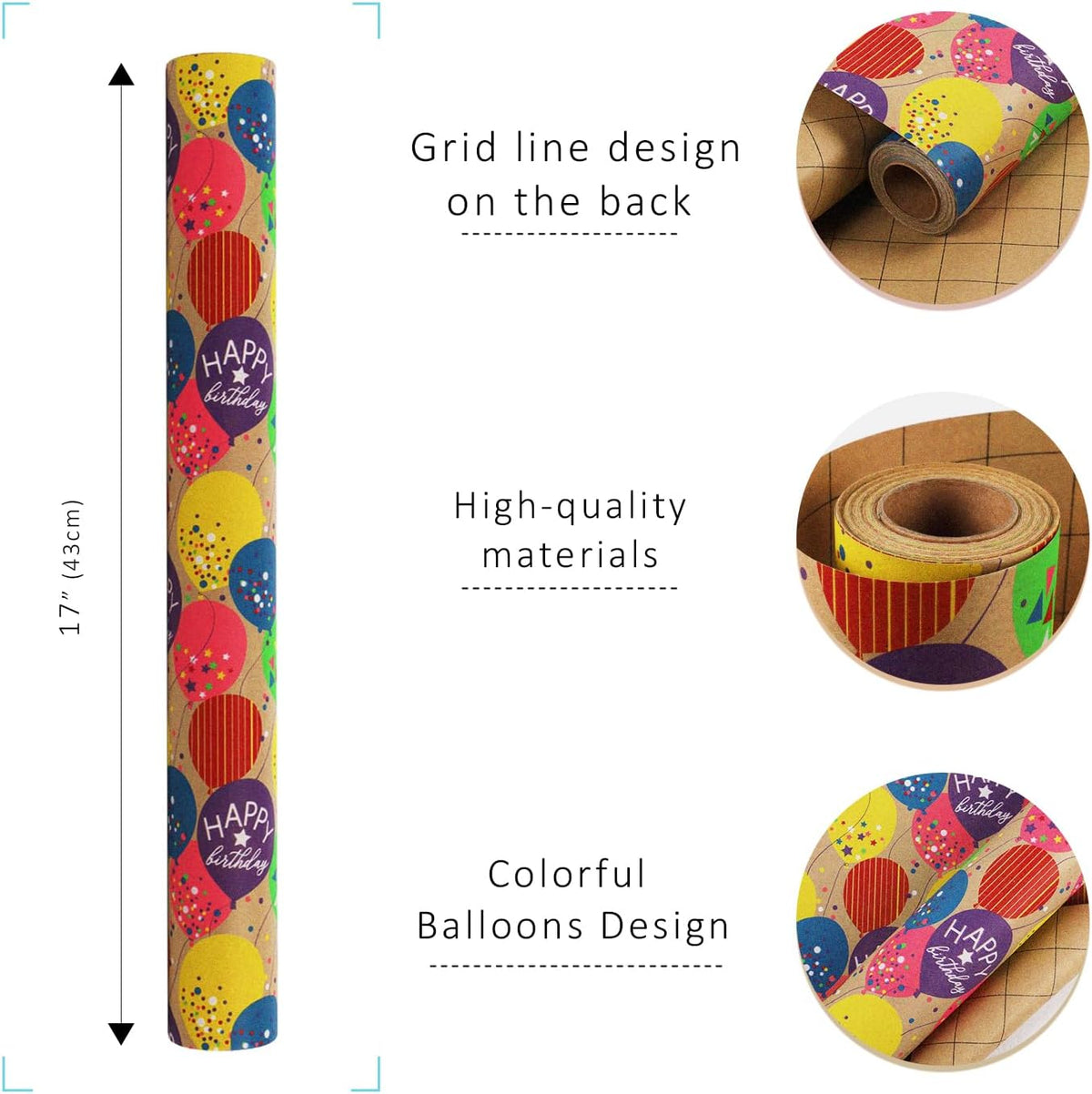 WRAPLA Kraft Birthday Wrapping Paper Colorful Balloons Design for Holiday
