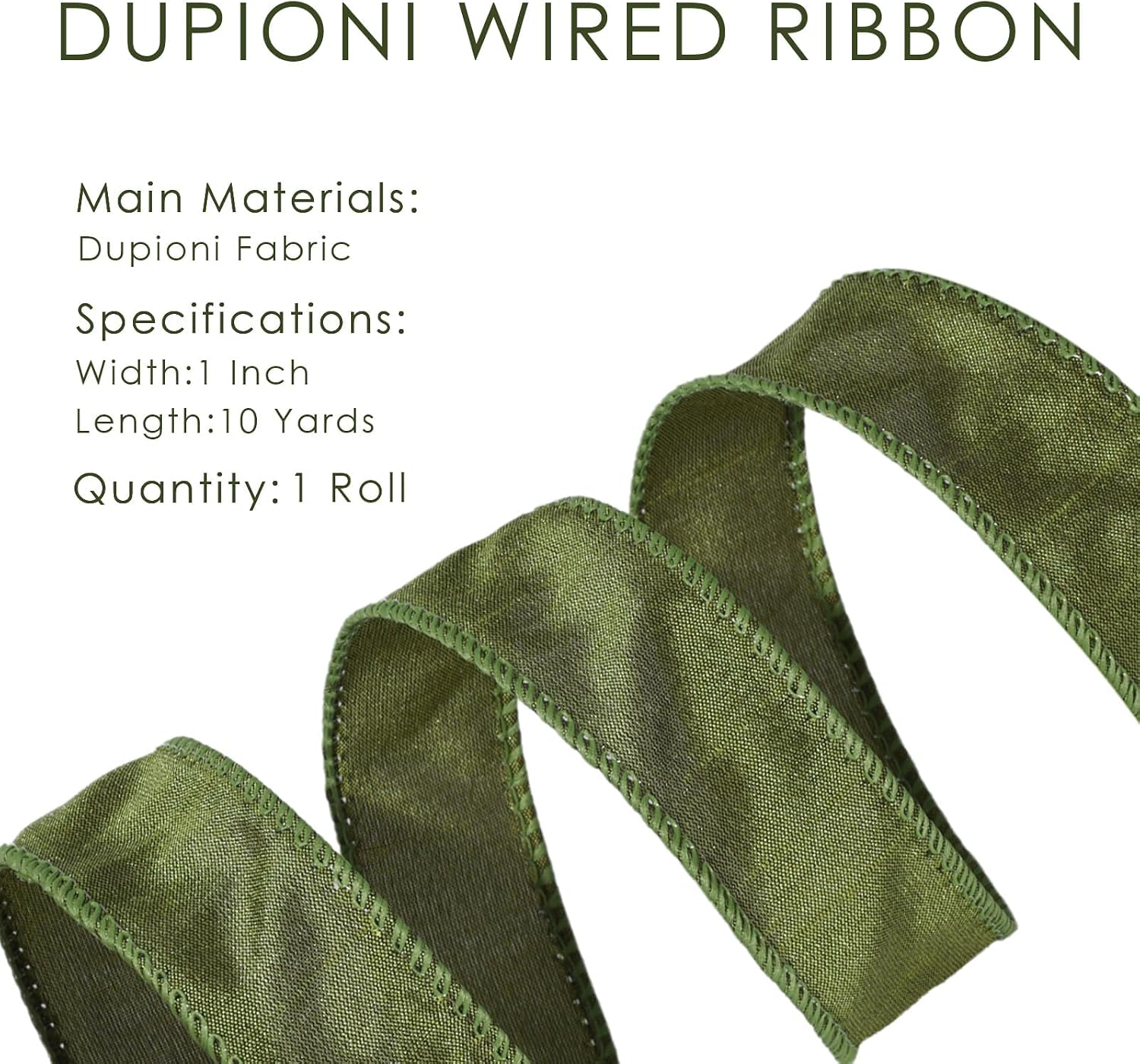 Moss Ribbon Wired 1 Inch x 10 Yards, Dupioni Christmas Decor