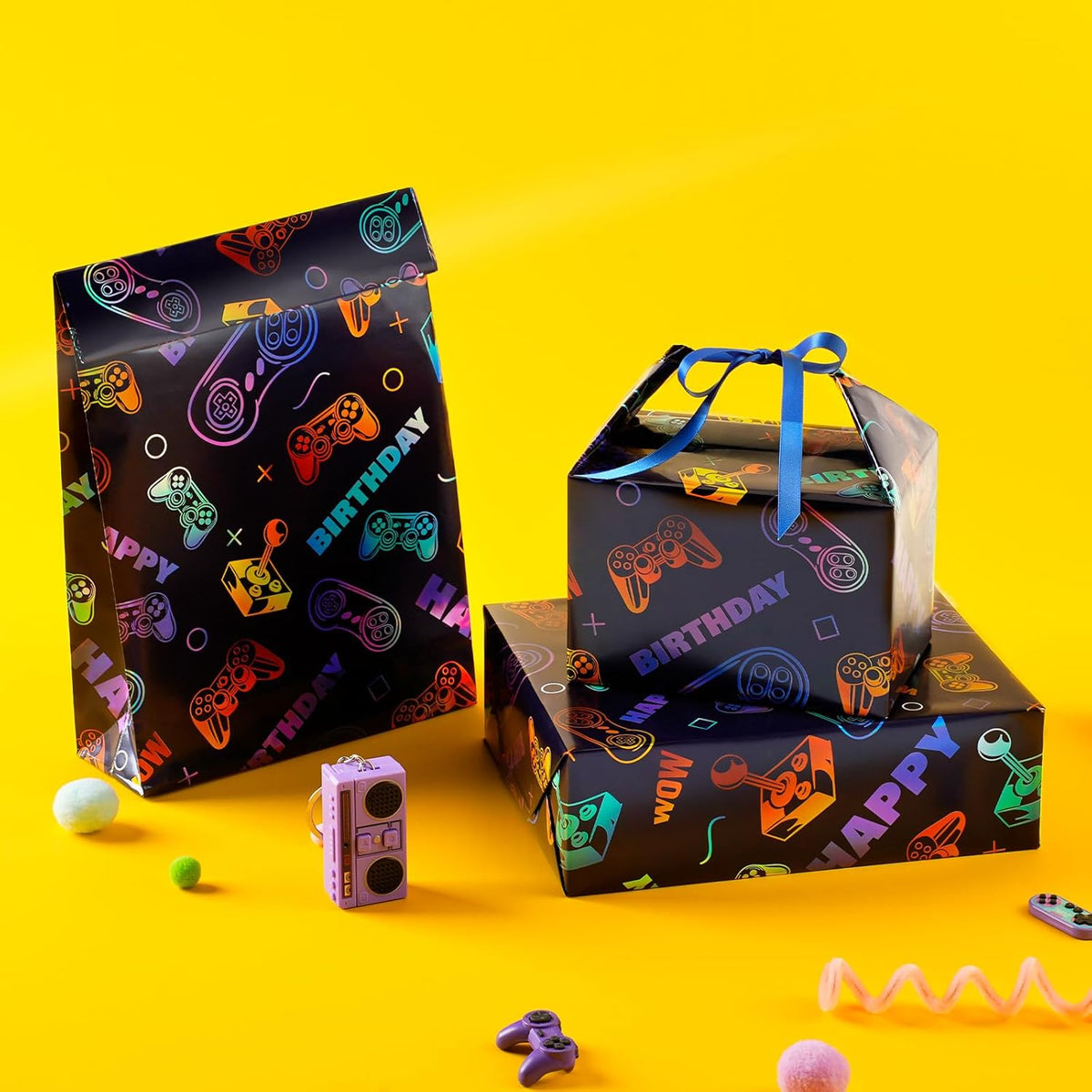 WRAPLA Colorful Wrapping Paper Roll - 17 Inches X 33 Feet (43cm X 10m) - Foil Happy Birthday and Cake Design Gift Wrap Stone Paper for Birthday, Baby Shower, Party, Holiday