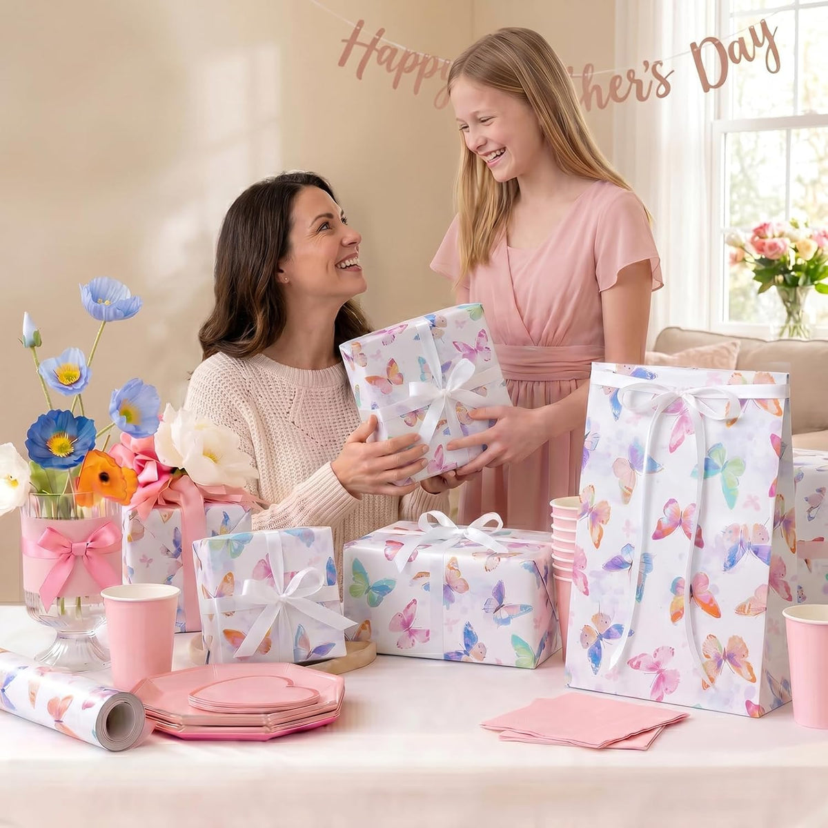 WRAPLA Butterfly Wrapping Paper for Girls Women Birthdays 43cm x 10m