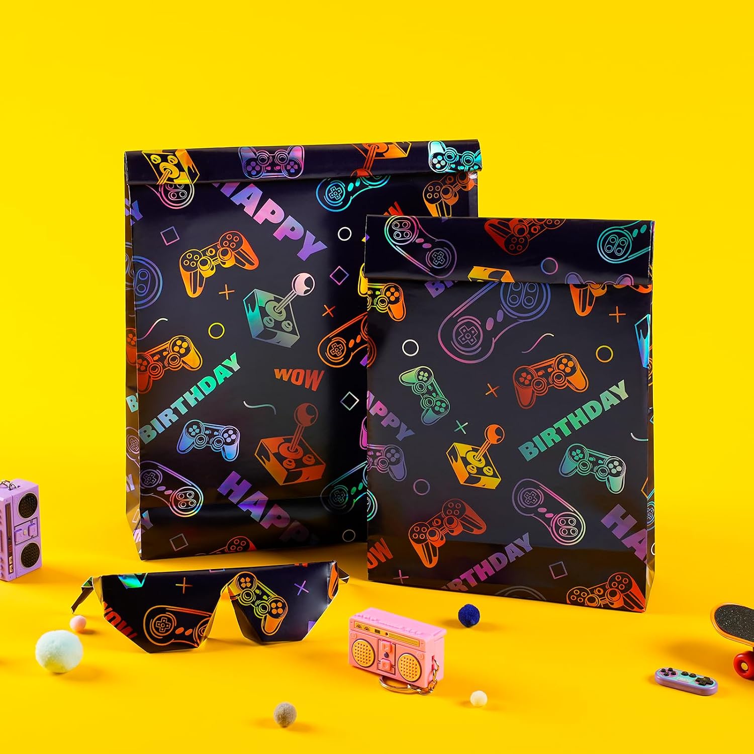 WRAPLA Colorful Wrapping Paper Roll - 17 Inches X 33 Feet (43cm X 10m) - Foil Happy Birthday and Cake Design Gift Wrap Stone Paper for Birthday, Baby Shower, Party, Holiday