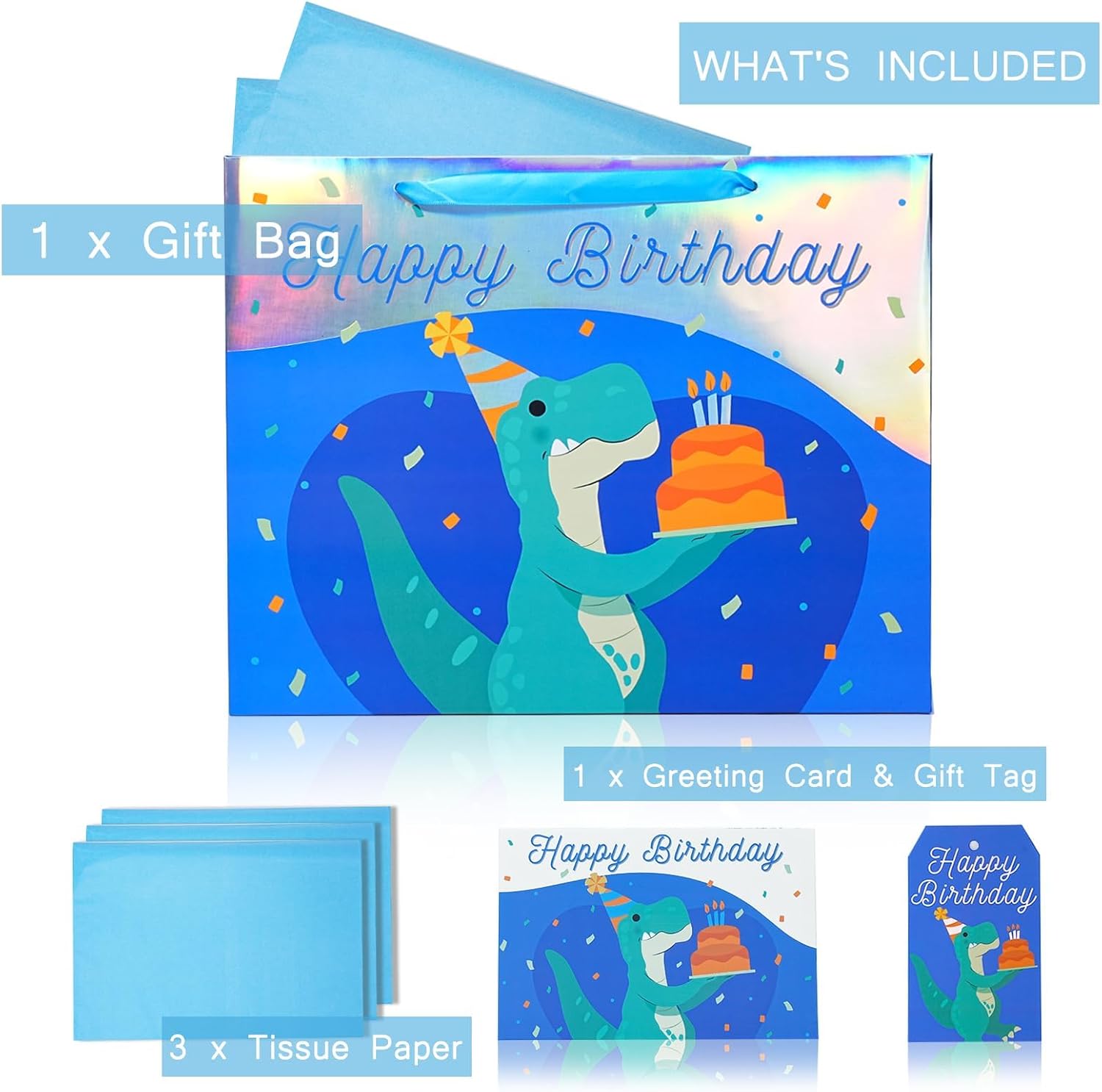 WRAPLA 13" Large Dinosaur Birthday Gift Bag, Blue Holographic Design