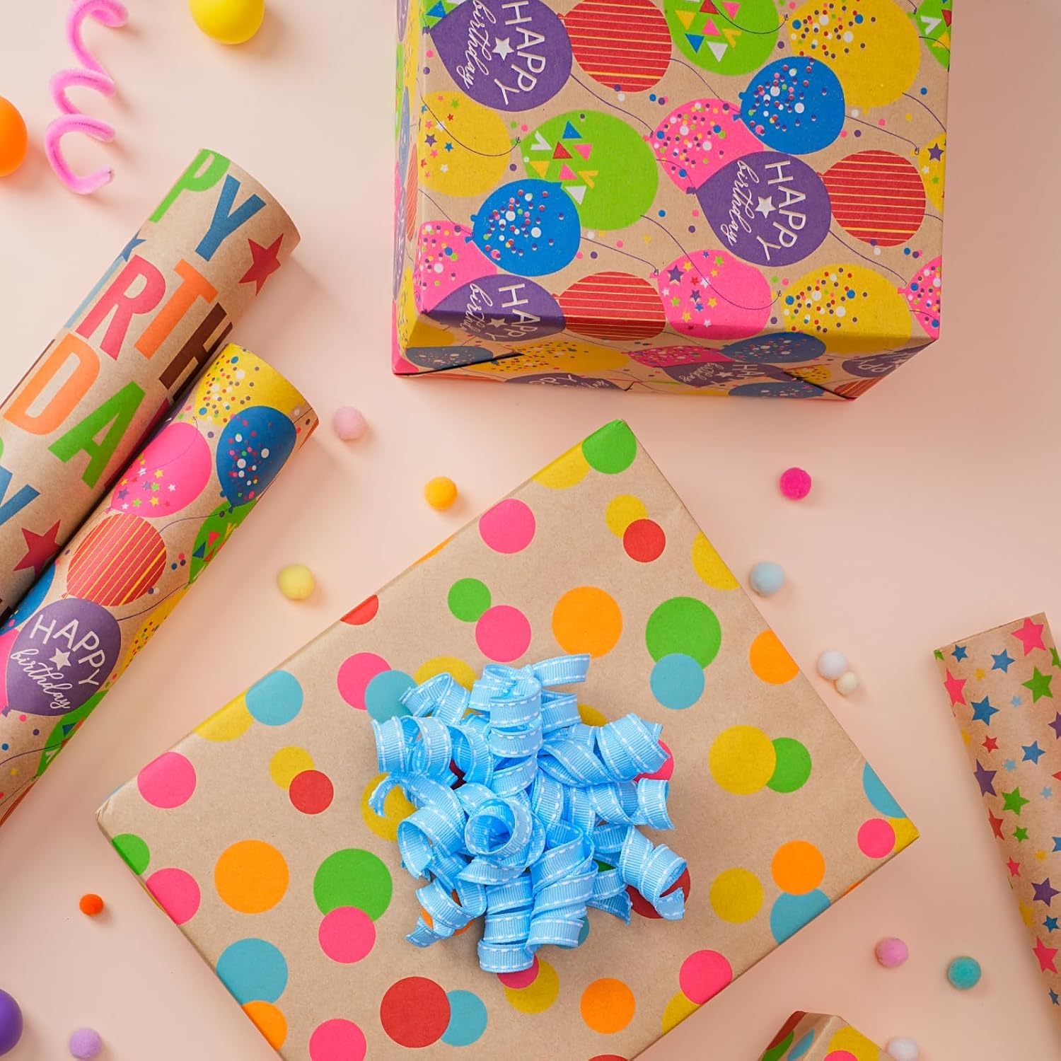 WRAPLA Kraft Birthday Wrapping Paper Colorful Balloons Design for Holiday