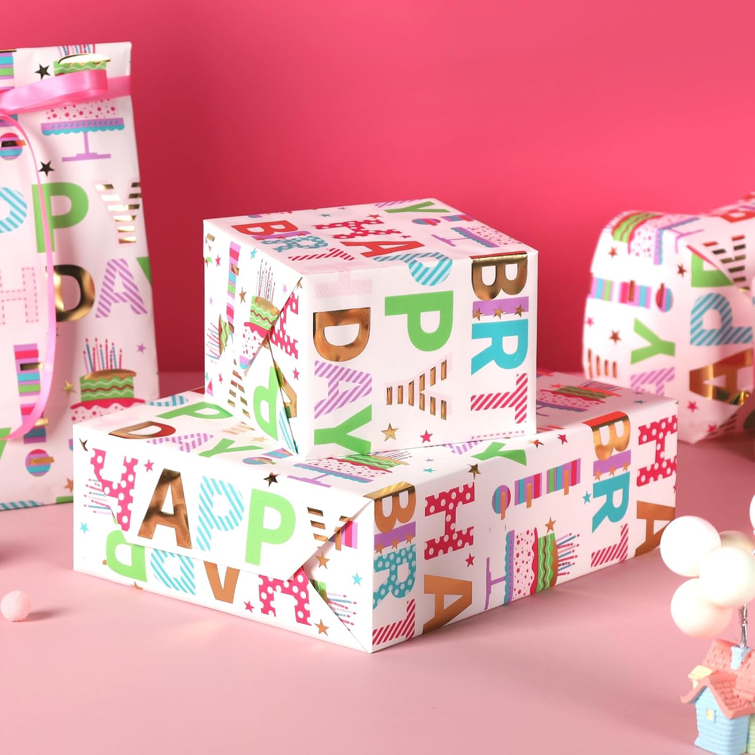 WRAPLA Colorful Wrapping Paper Roll - 17 Inches X 33 Feet (43cm X 10m) - Foil Happy Birthday and Cake Design Gift Wrap Stone Paper for Birthday, Baby Shower, Party, Holiday