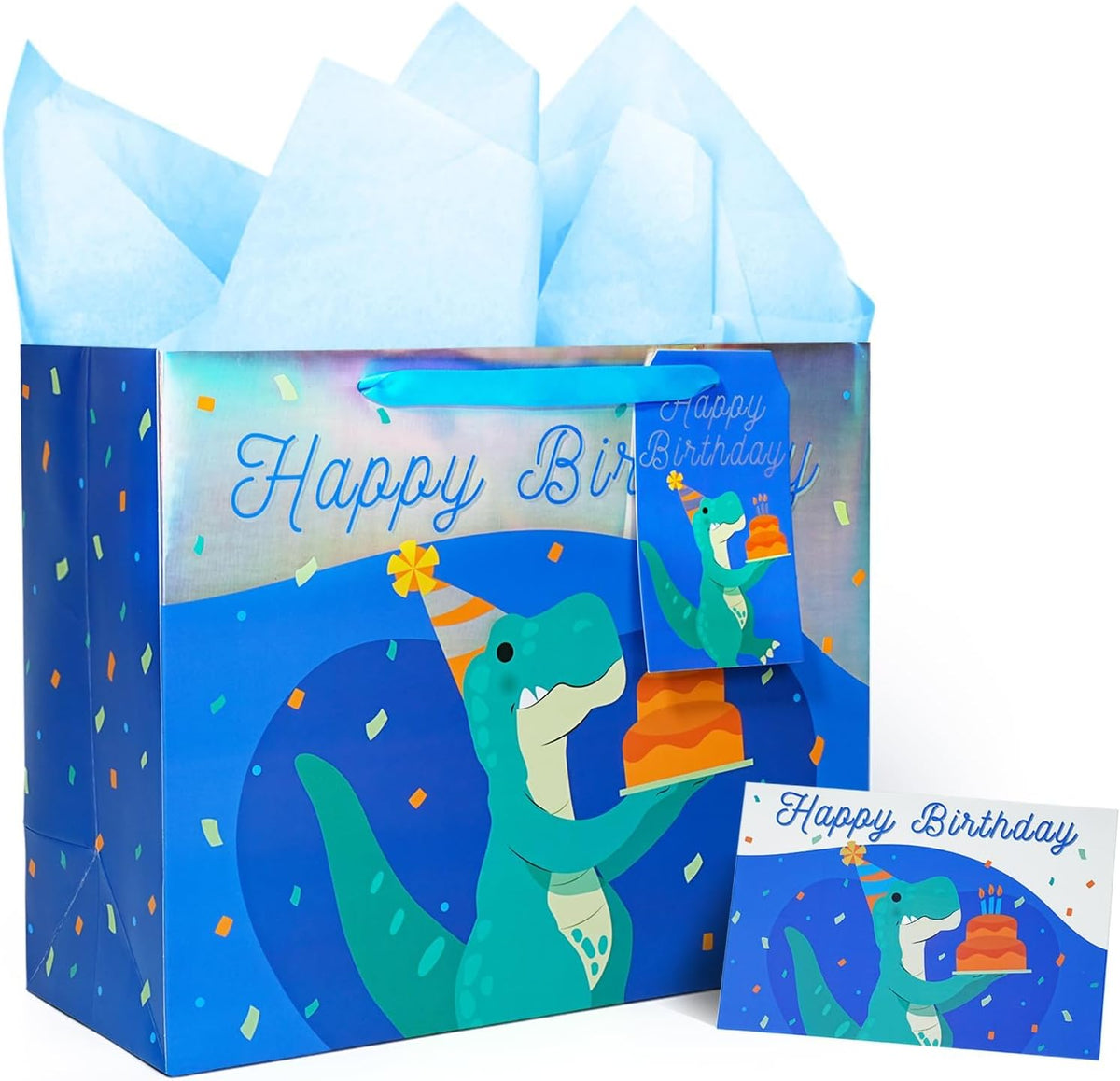 WRAPLA 13" Large Dinosaur Birthday Gift Bag, Blue Holographic Design