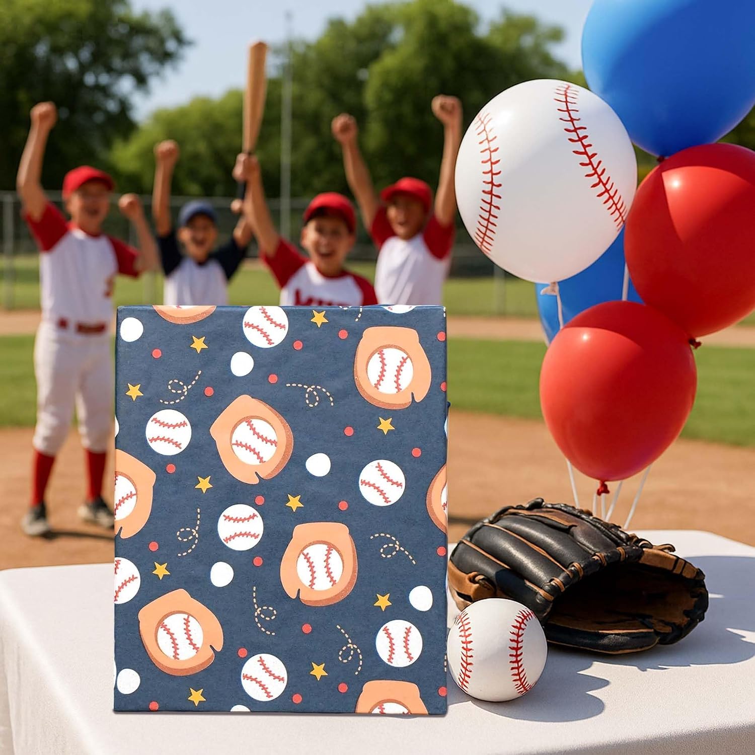WRAPLA Baseball Kraft Wrapping Paper Baseball Glove and Ball Design