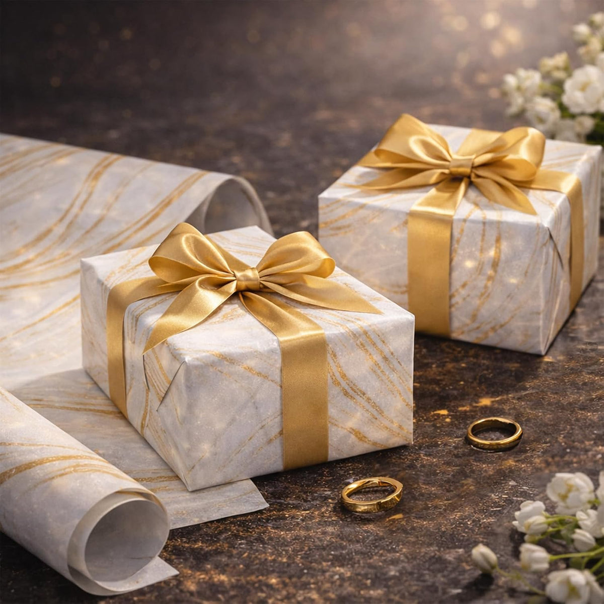 WRAPLA Luxury Wrapping Paper, White Gold Botanical Foil for Wedding Gifts