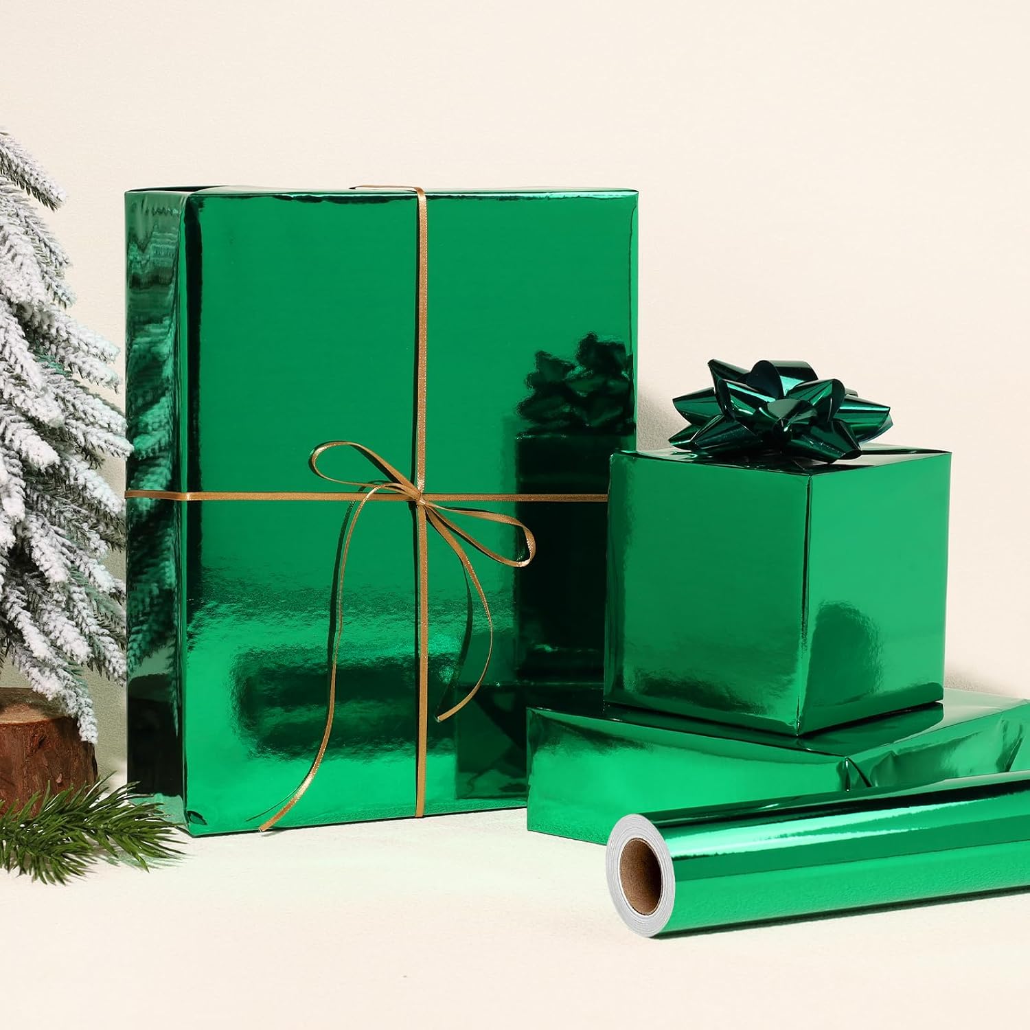 WRAPLA Green Metallic Christmas Wrapping Paper, Solid Color Roll