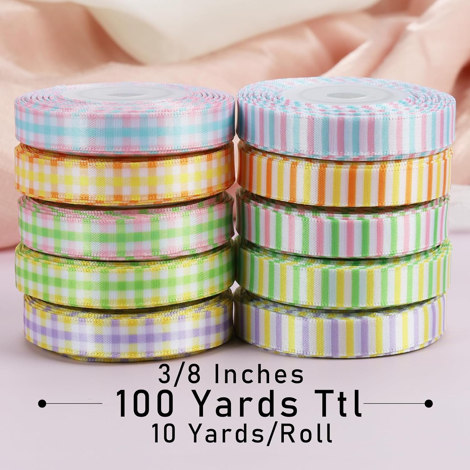 Double Faced Rainbow Satin Ribbon Set, 3/8" x 100 Yards, 10 Rolls