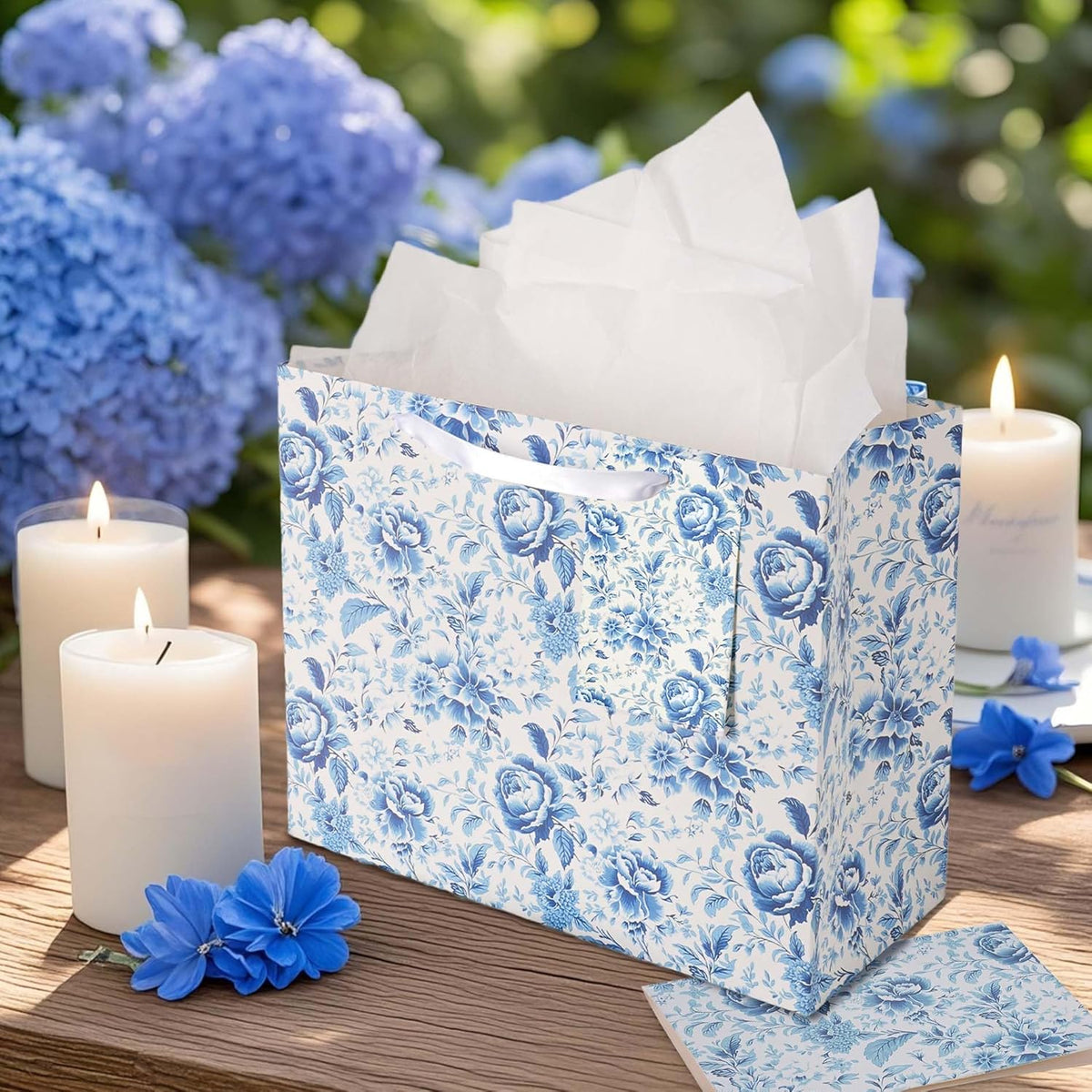 WRAPLA 13" Blue White Peony Paper Gift Bag for Wedding with Tissue & Card