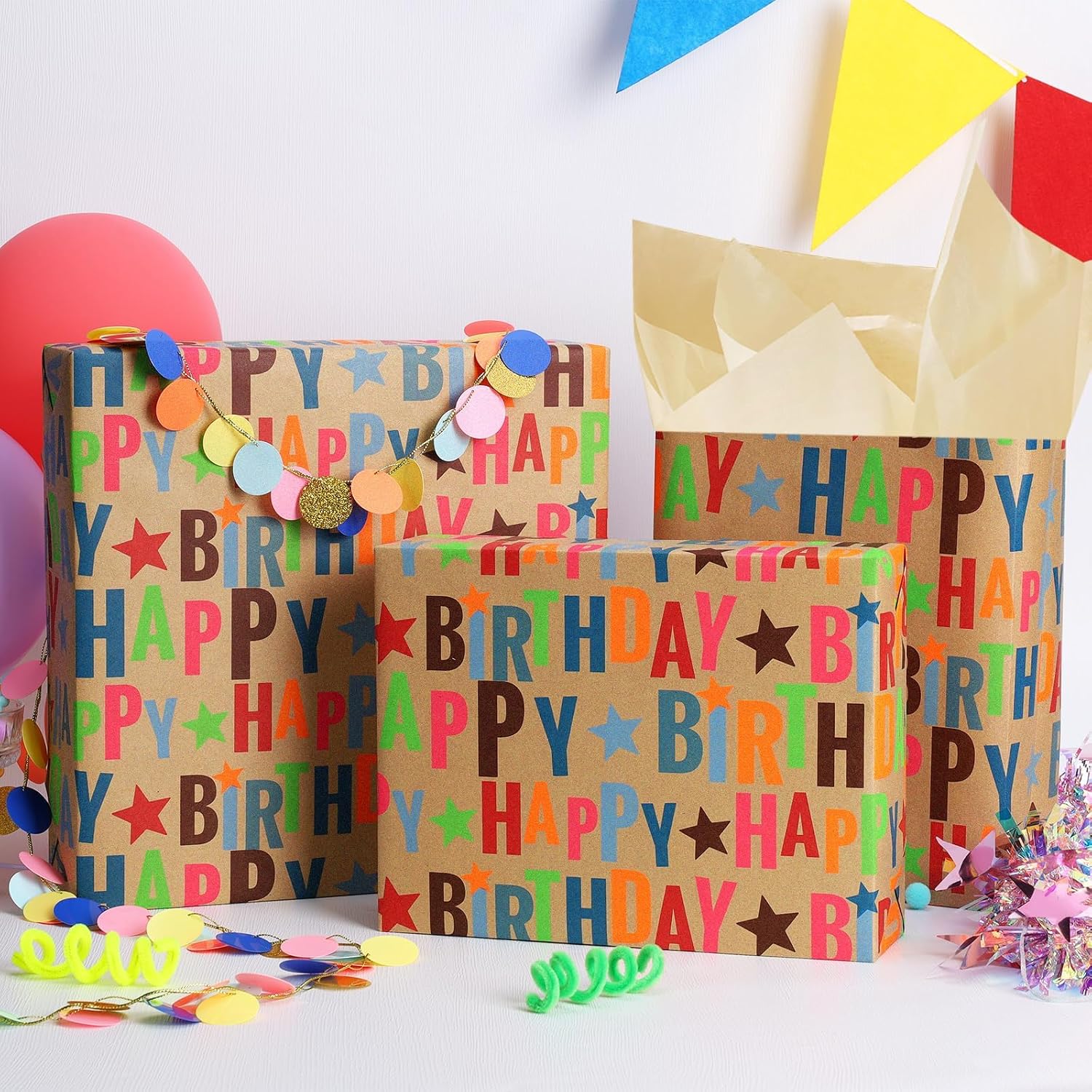 WRAPLA Kraft Birthday Wrapping Paper Colorful Balloons Design for Holiday
