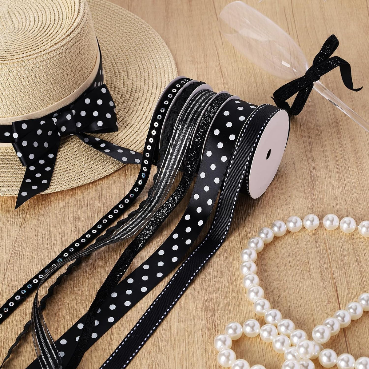 Black Ribbons for Crafts 6 Rolls, 30 Yards, Polka Dot & Glitter