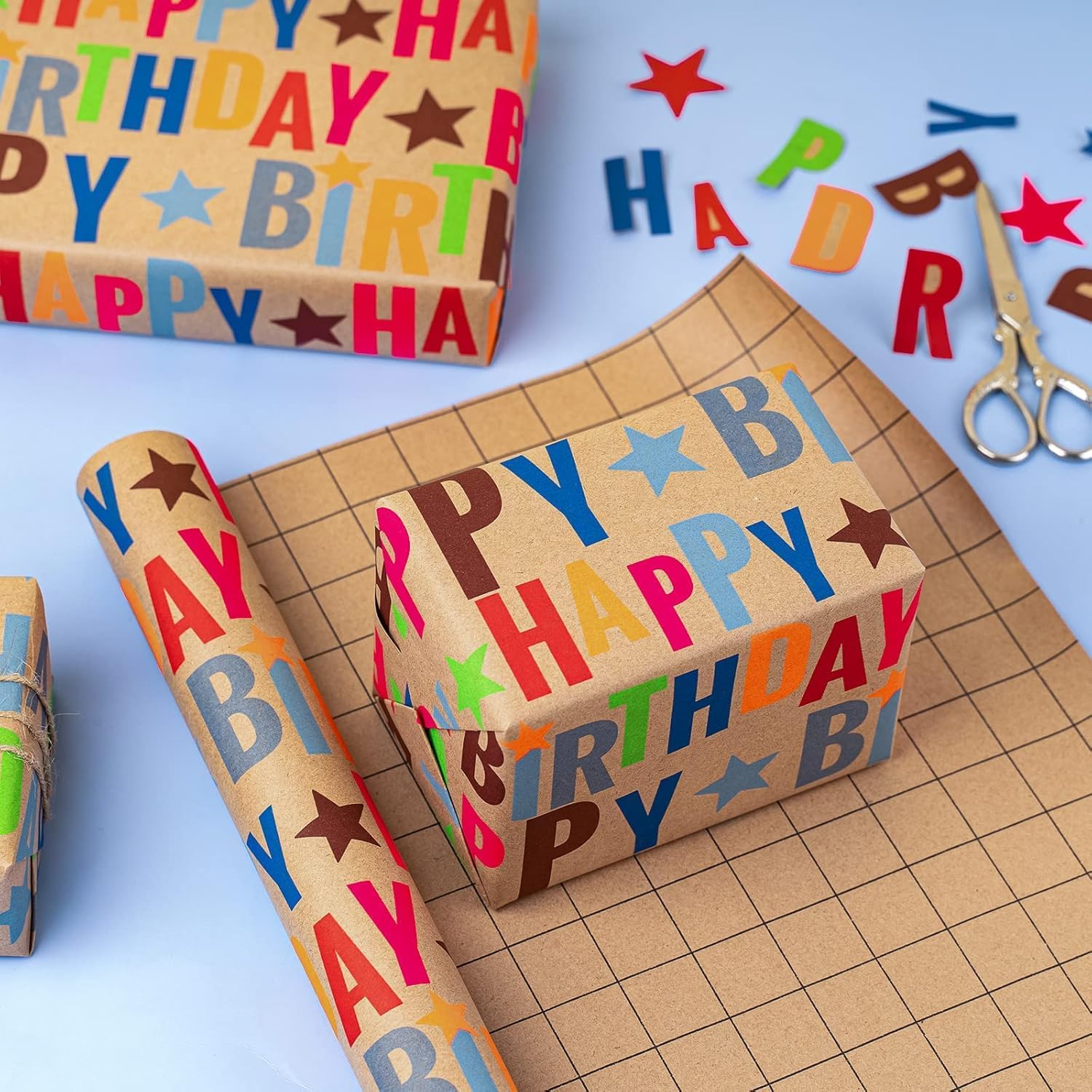 WRAPLA Kraft Birthday Wrapping Paper Colorful Balloons Design for Holiday