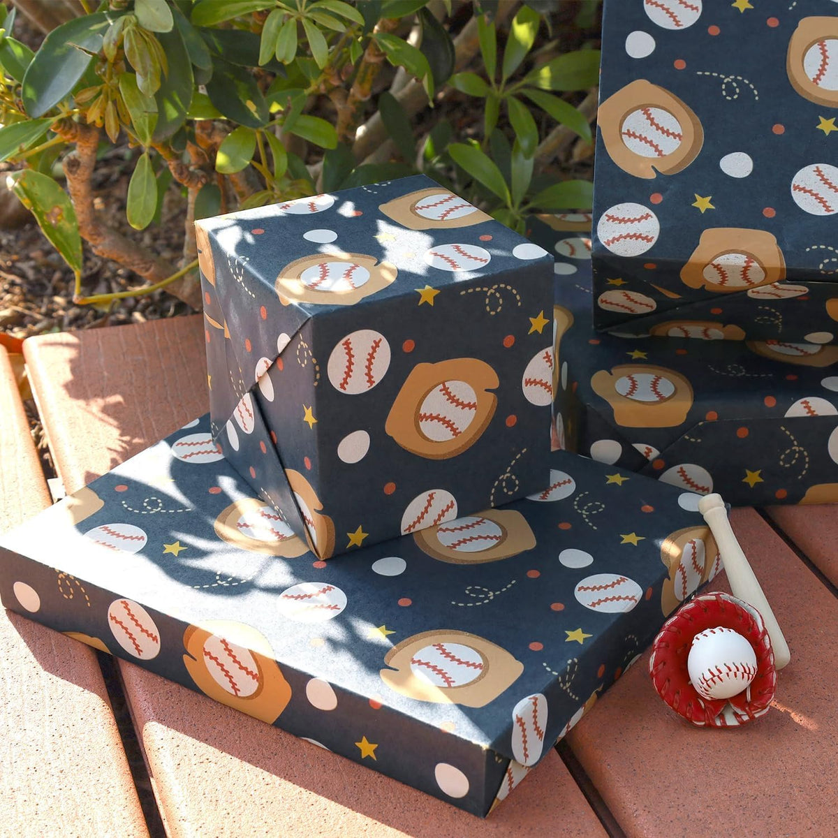 WRAPLA Baseball Kraft Wrapping Paper Baseball Glove and Ball Design