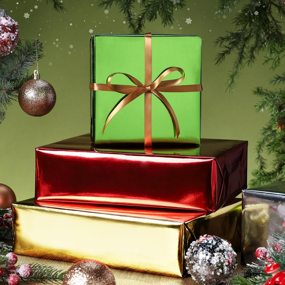 WRAPLA Green Metallic Christmas Wrapping Paper, Solid Color Roll