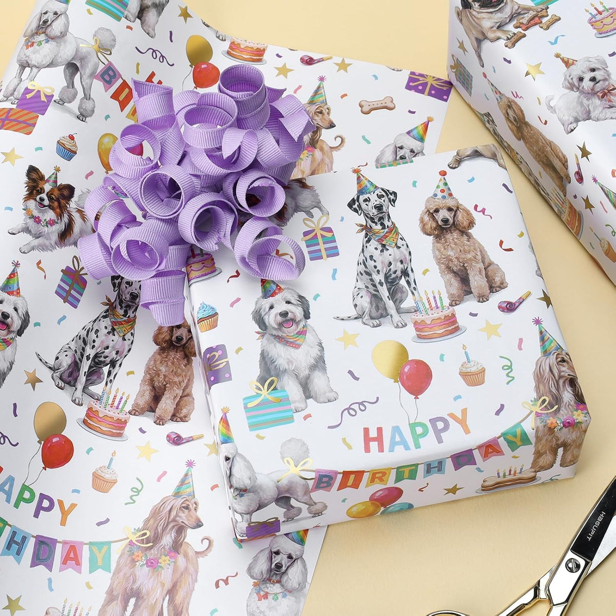 WRAPLA Colorful Wrapping Paper Roll - 17 Inches X 33 Feet (43cm X 10m) - Foil Happy Birthday and Cake Design Gift Wrap Stone Paper for Birthday, Baby Shower, Party, Holiday