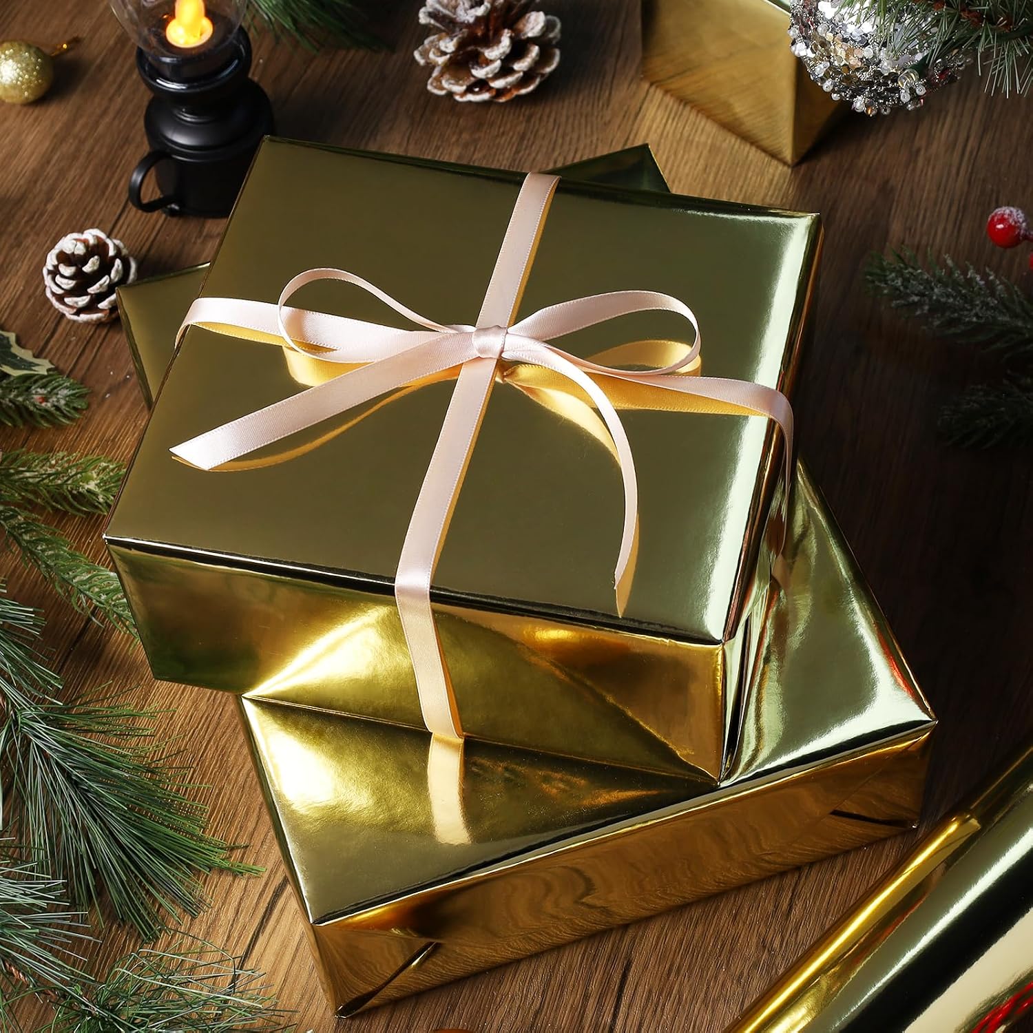 WRAPLA Green Metallic Christmas Wrapping Paper, Solid Color Roll