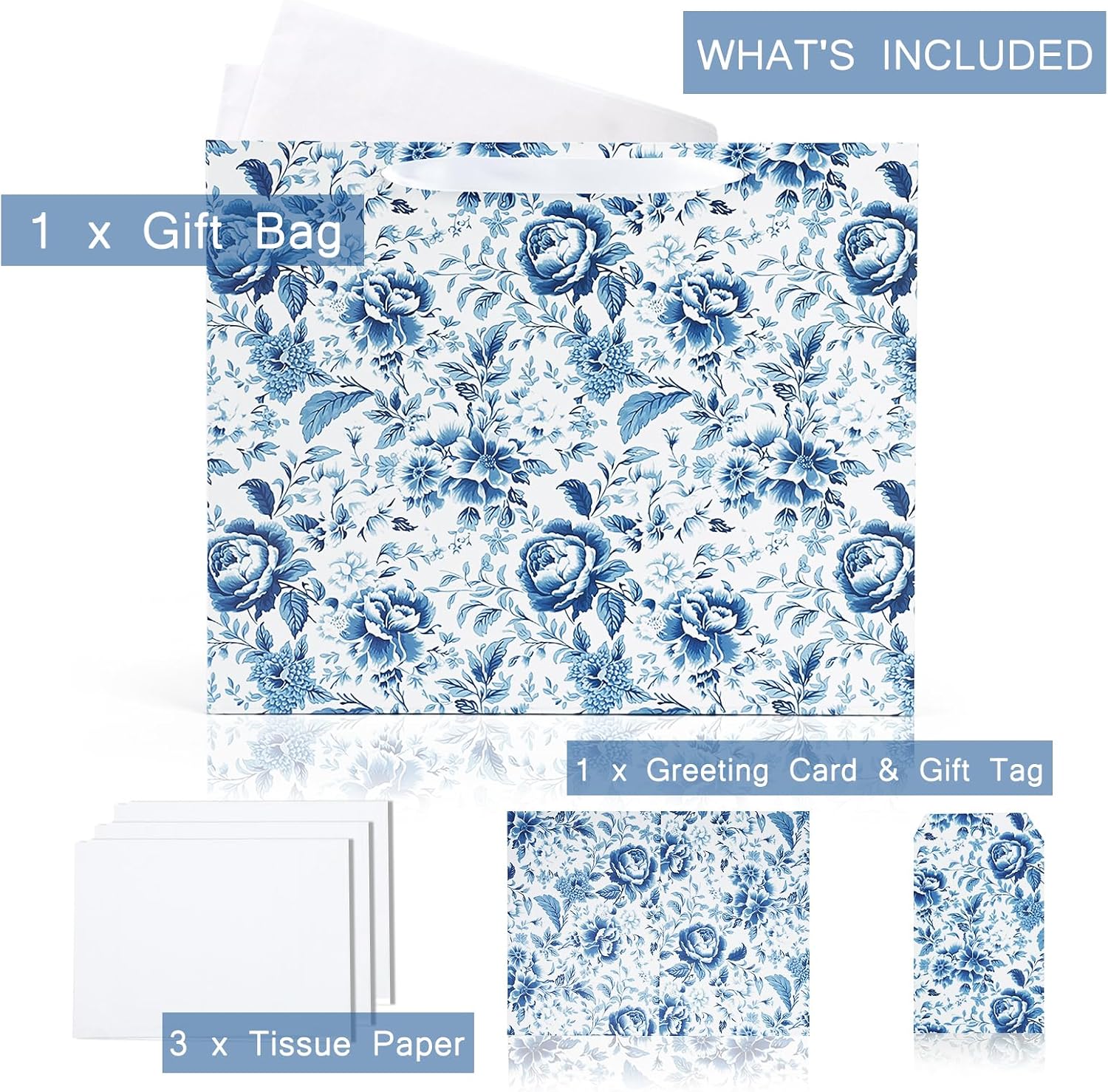 WRAPLA 13" Blue White Peony Paper Gift Bag for Wedding with Tissue & Card