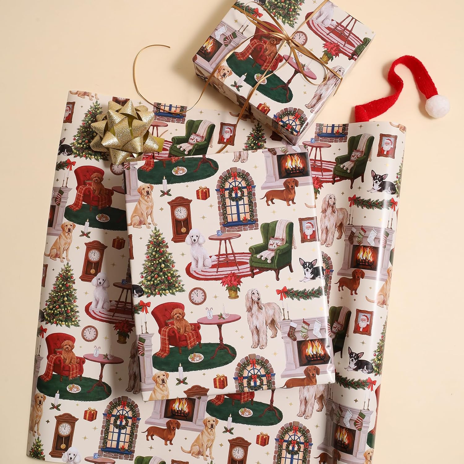 WRAPLA Reversible Christmas Wrapping Paper, Cozy Dog Holiday 43cm x 10m