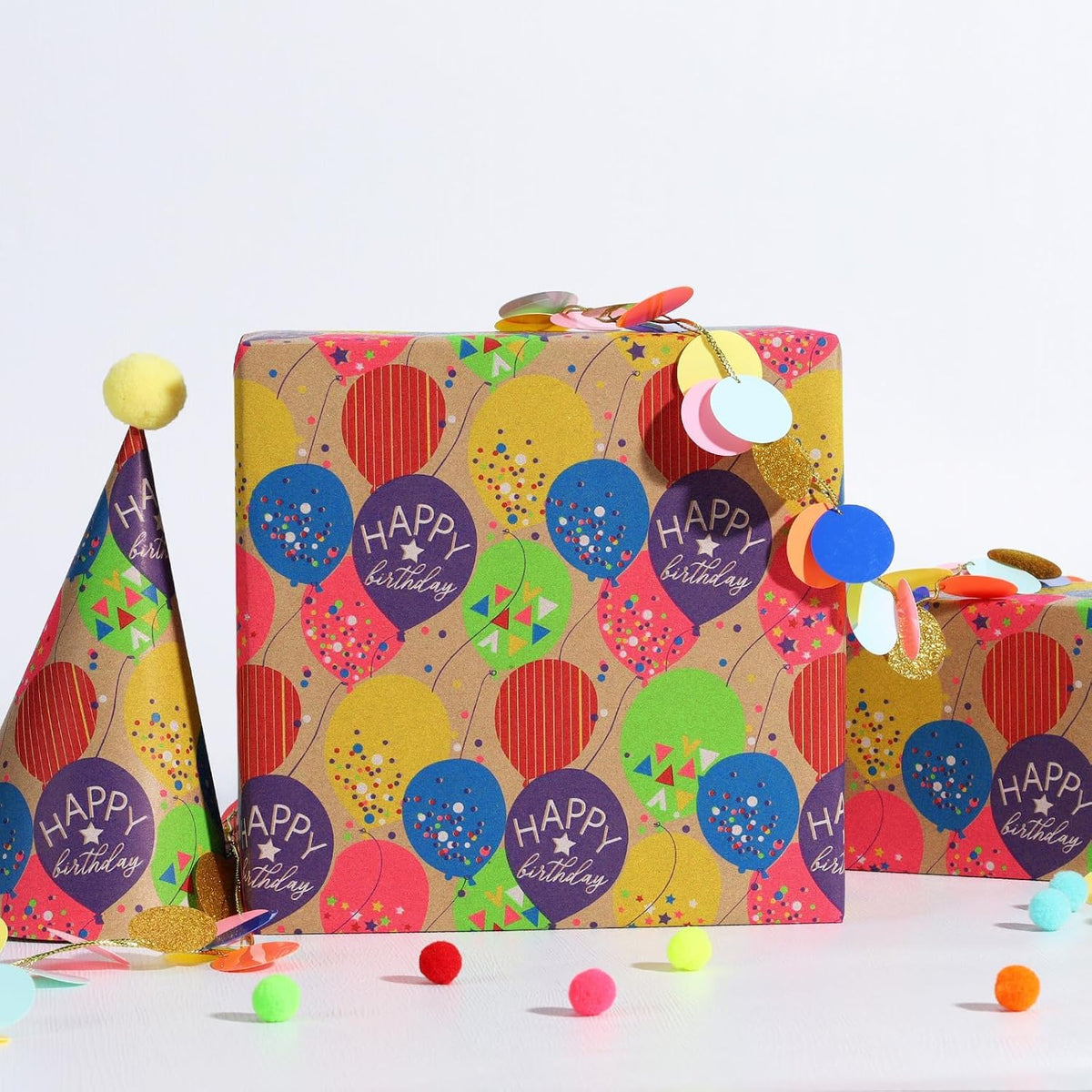 WRAPLA Kraft Birthday Wrapping Paper Colorful Balloons Design for Holiday