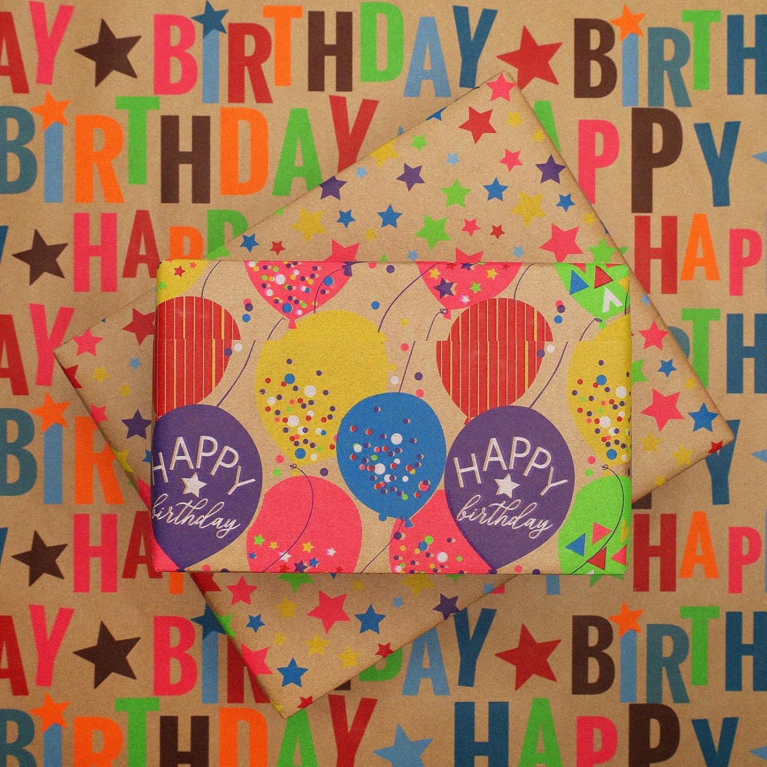 WRAPLA Kraft Birthday Wrapping Paper Colorful Balloons Design for Holiday