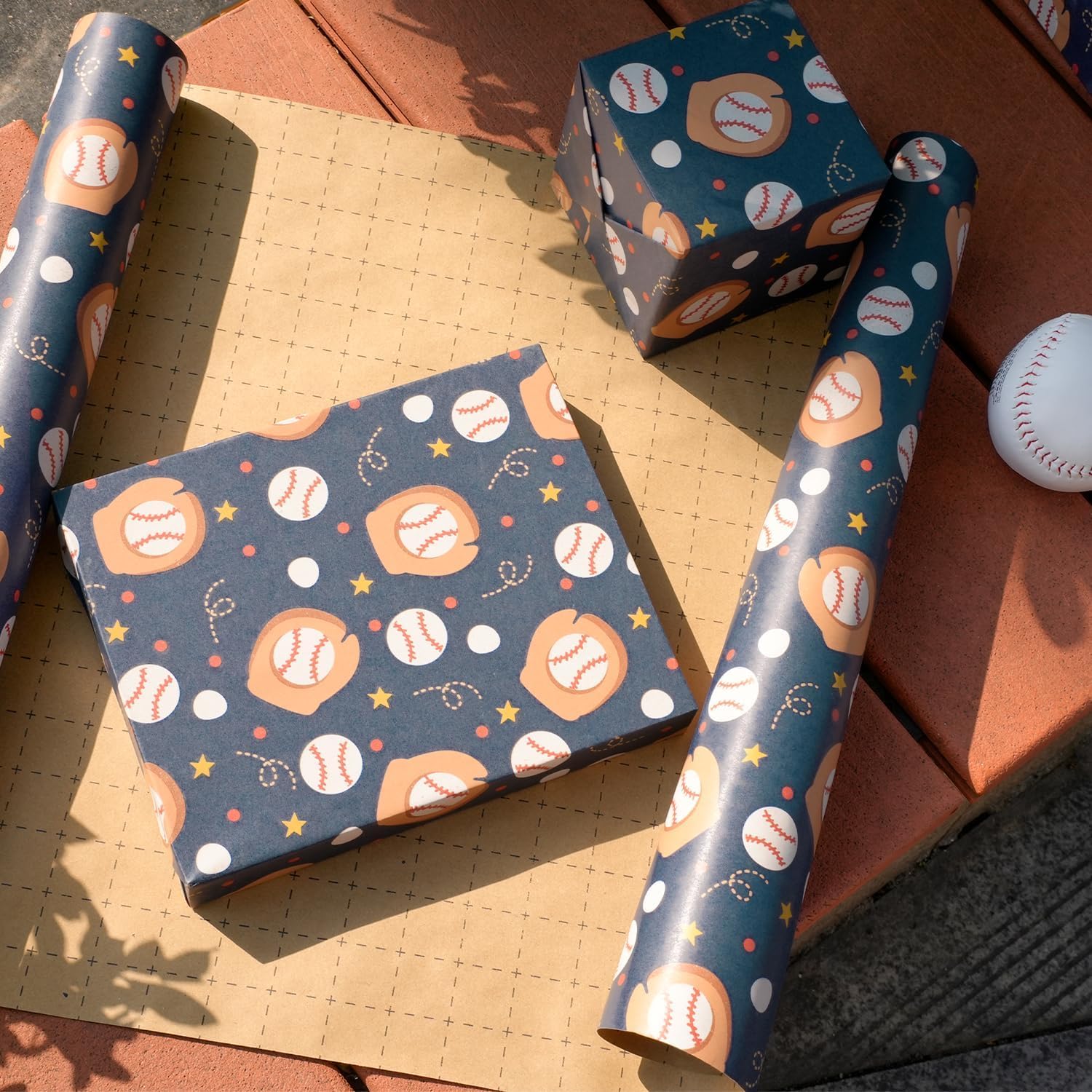 WRAPLA Baseball Kraft Wrapping Paper Baseball Glove and Ball Design