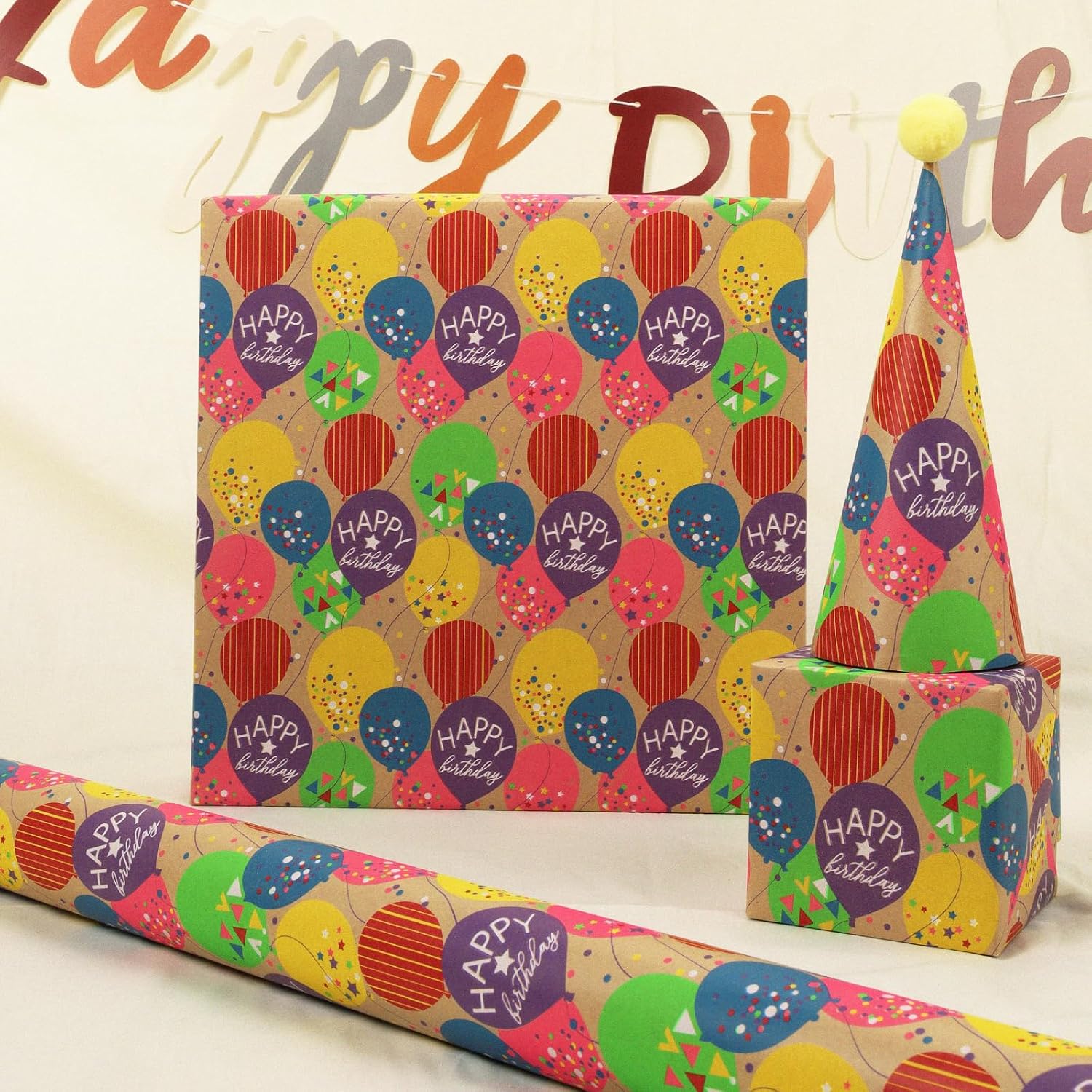 WRAPLA Kraft Birthday Wrapping Paper Colorful Balloons Design for Holiday